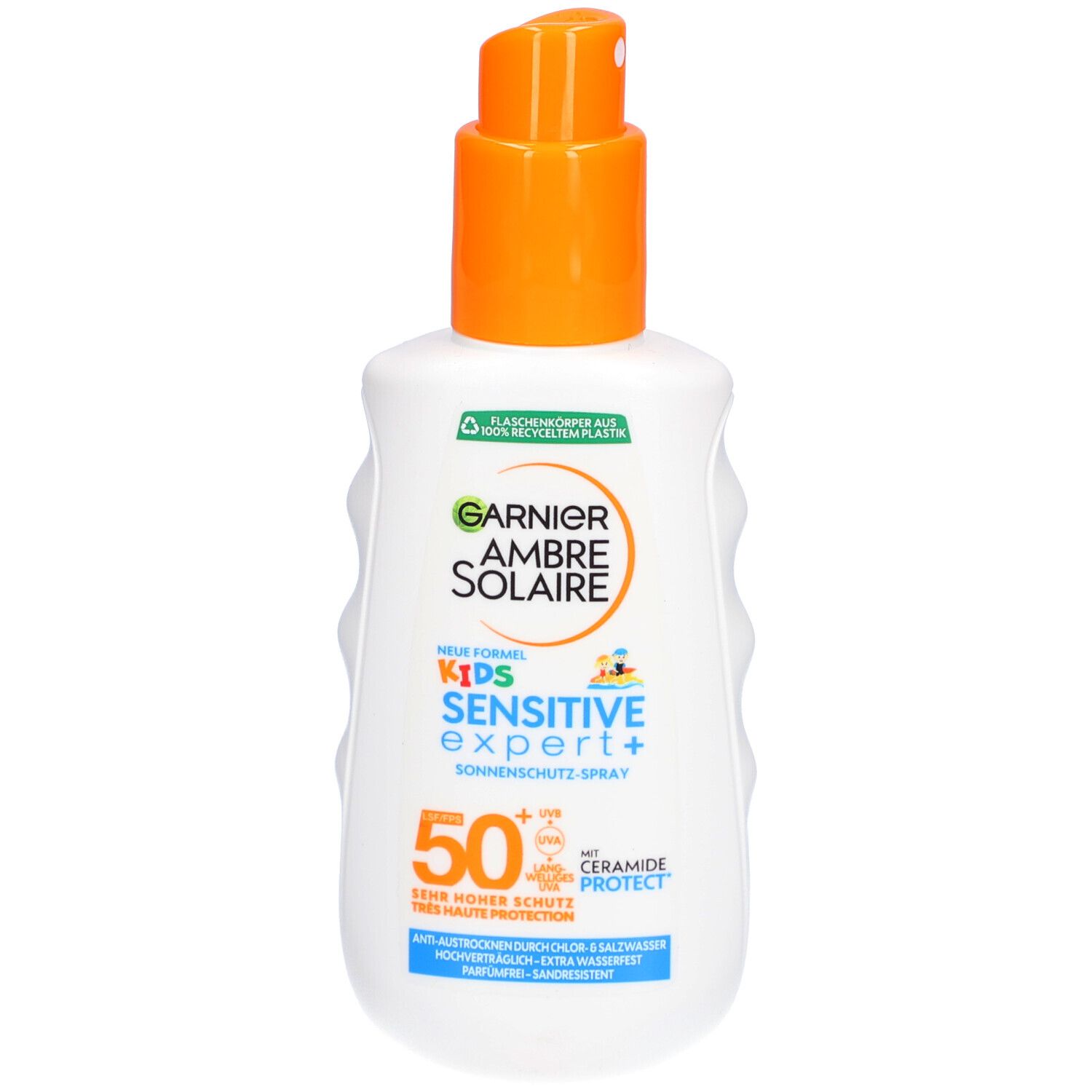 Sonnenschutzspray für Kinder. Weiße Flasche mit orangefarbenem Sprühkopf. Text: Garnier Ambre Solaire Kids Sensitive Expert + SPF50+.