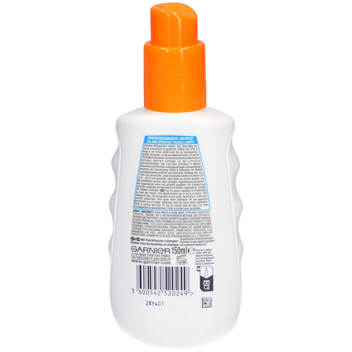 Rückseite der Sonnenschutzspray-Flasche. Weiße Flasche mit orangefarbenem Sprühkopf. Text und Barcode.