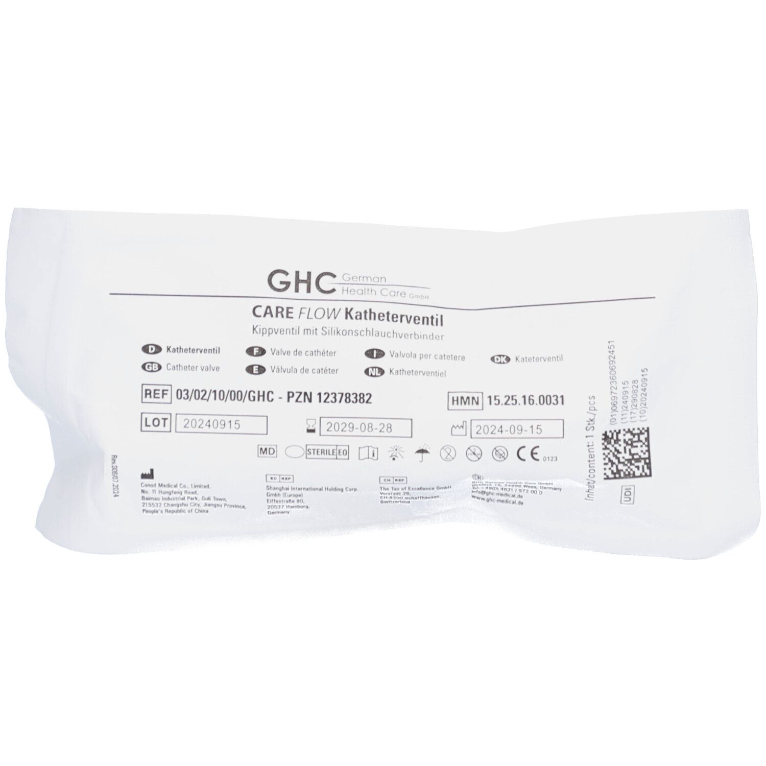 Verpackung mit Produktinformationen. GHC CARE FLOW Katheterventil. Text in Deutsch, Englisch, Französisch, Italienisch.