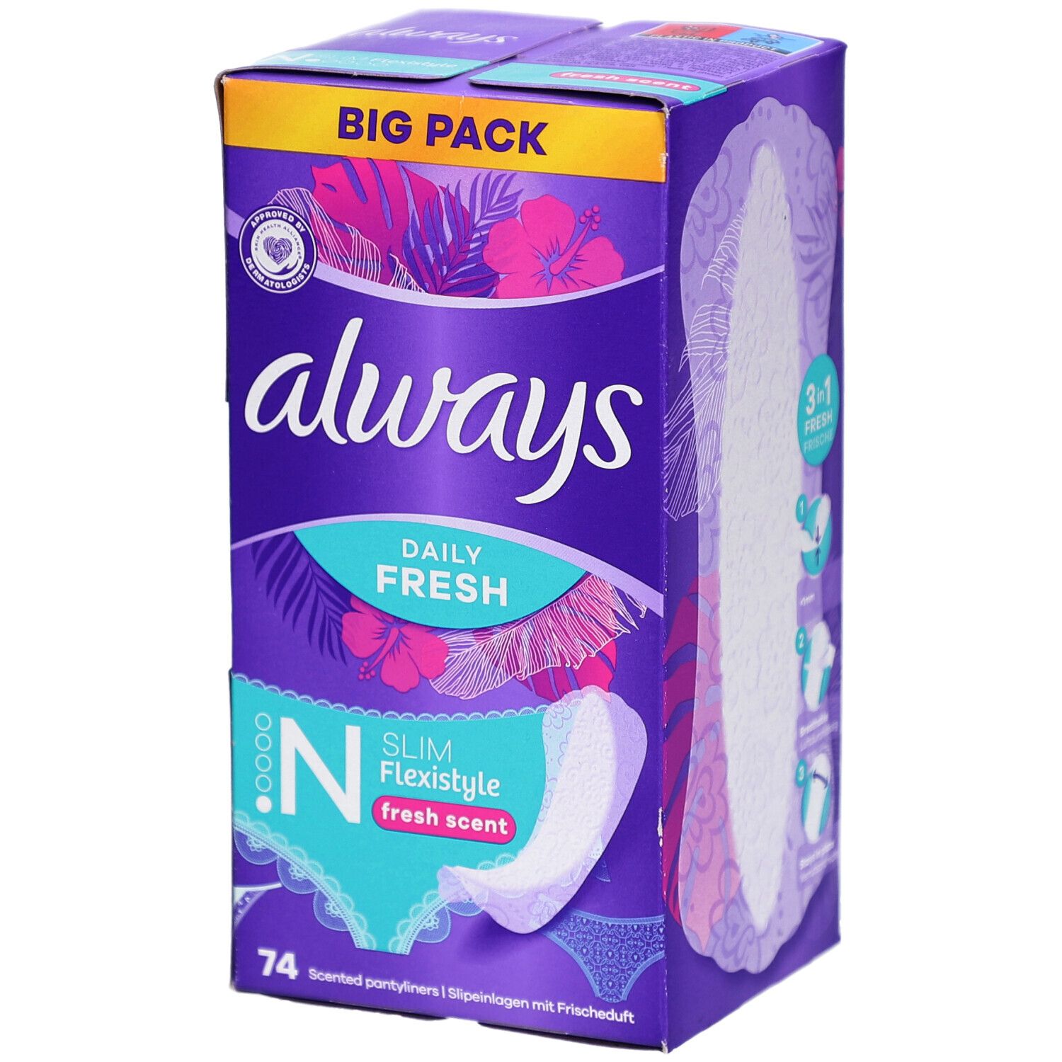 Verpackung von Always Slipeinlagen. Lila Schachtel mit Produktabbildung und Schriftzug. Enthält 74 Slipeinlagen.