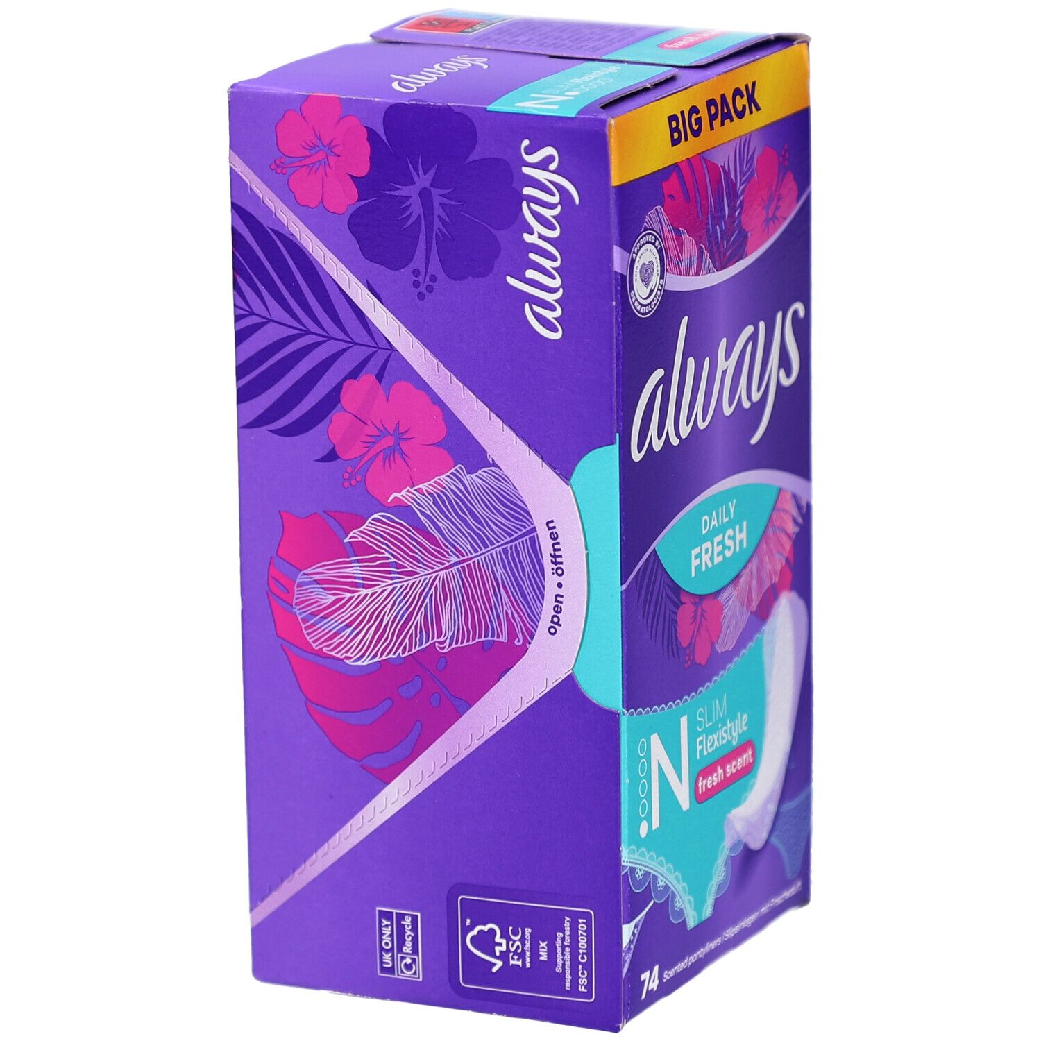 Always Slipeinlagen-Verpackung, Ansicht von der Seite. Lila Schachtel mit Produktnamen und FSC-Siegel.