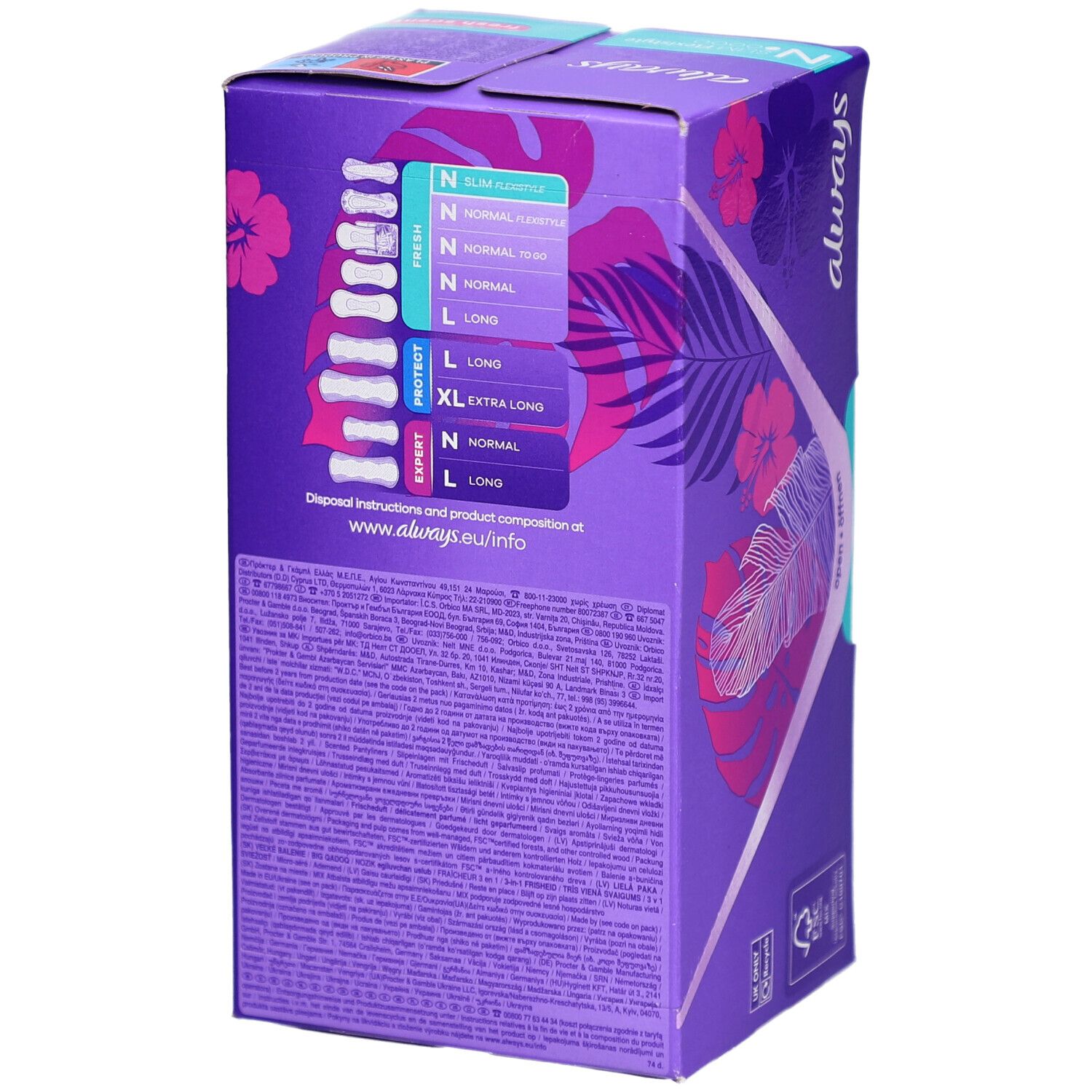 Rückseite der Always Slipeinlagen-Verpackung. Informationen zu Größen und Inhaltsstoffen.