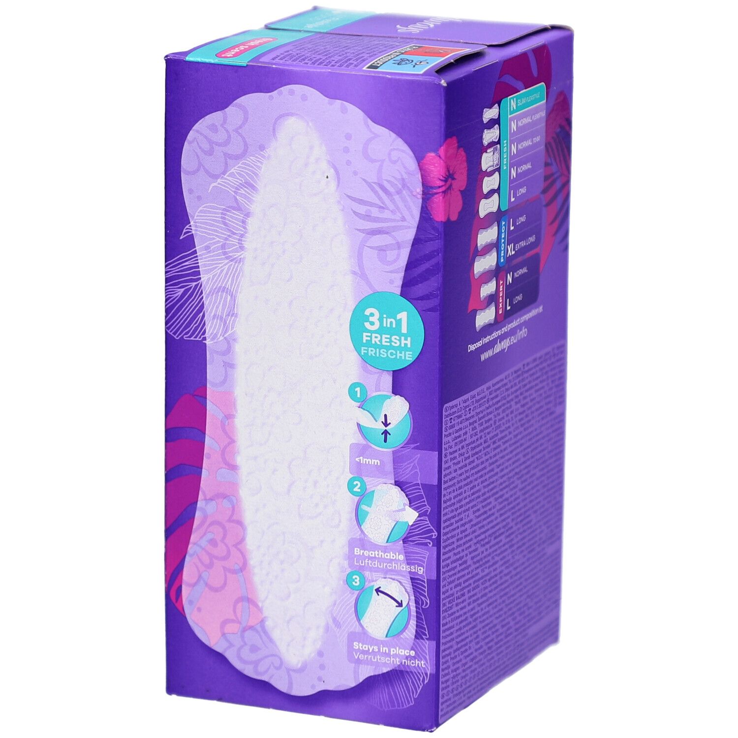 Always Slipeinlagen-Verpackung mit Produktabbildung und Anwendungsbeispielen. 3-in-1-Funktion.