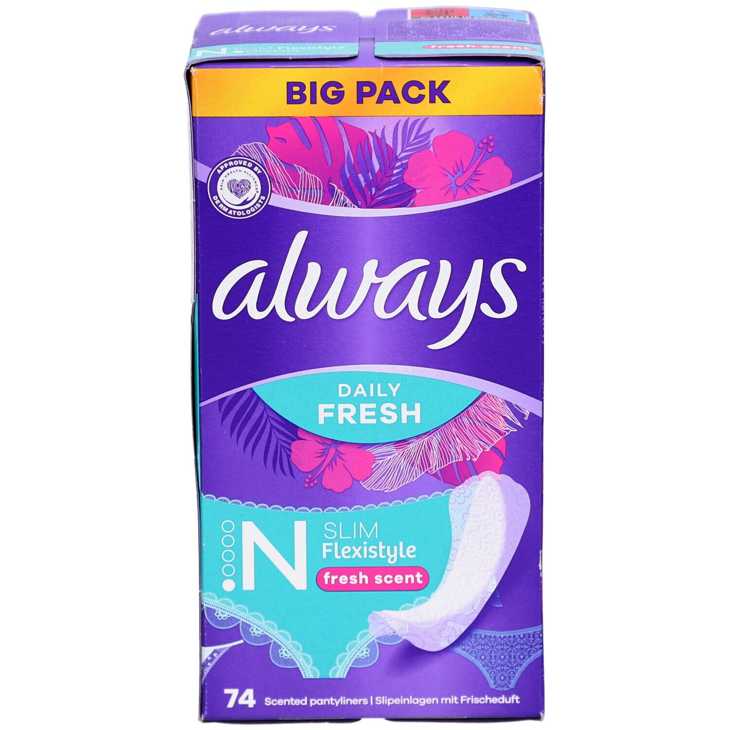 Always Slipeinlagen-Verpackung. Lila Schachtel mit Produktabbildung und Schriftzug. Enthält 74 Slipeinlagen.