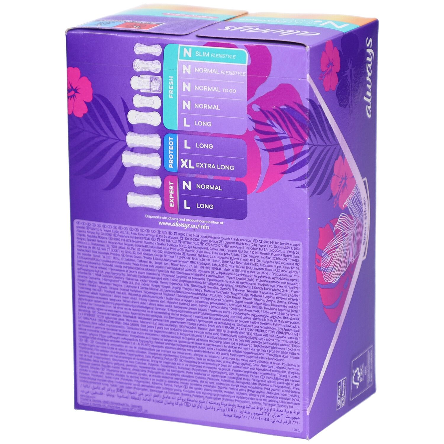 Dos de la boîte Always Daily Fresh. Aperçu des produits avec indications de taille. Fond violet.