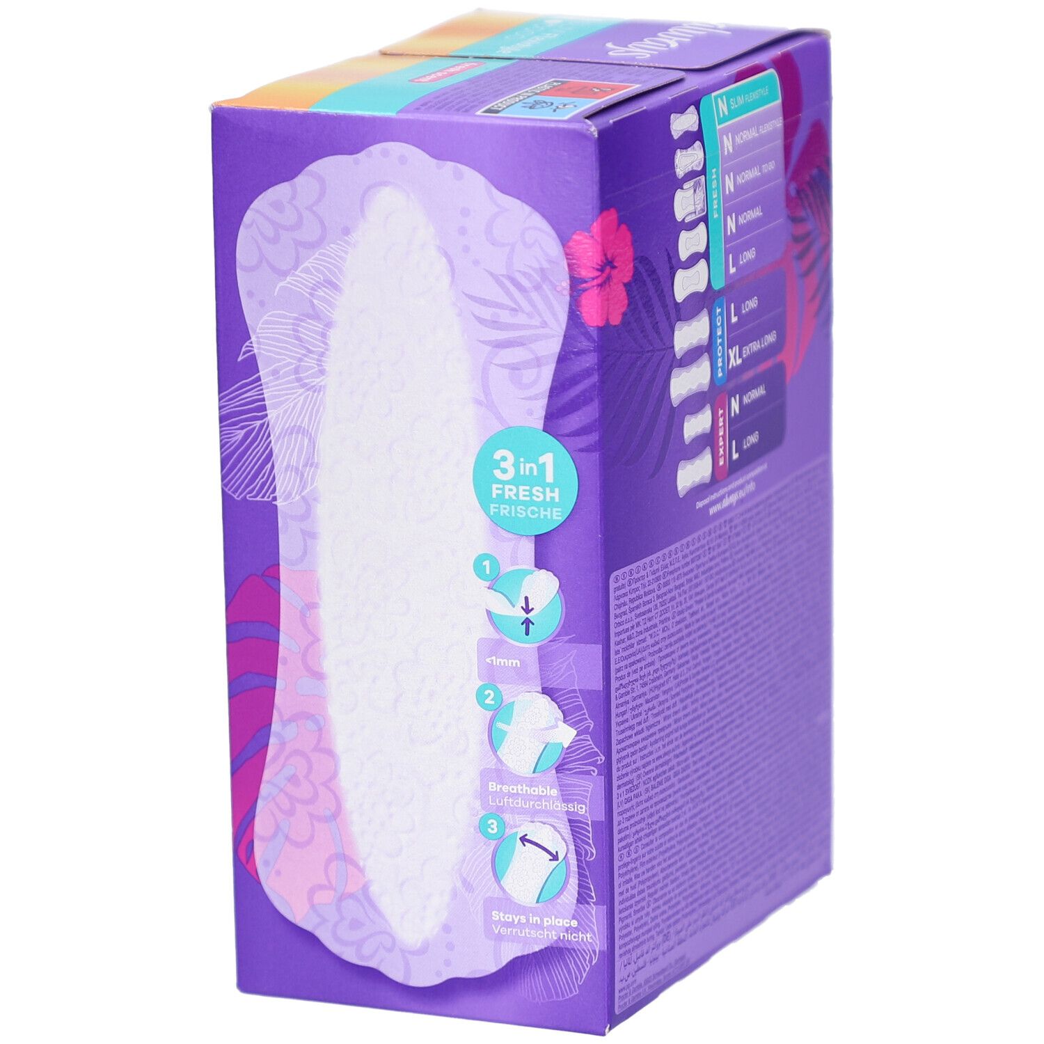 Vue latérale de la boîte Always Daily Fresh. Illustration du produit et indications de taille. Fond violet.