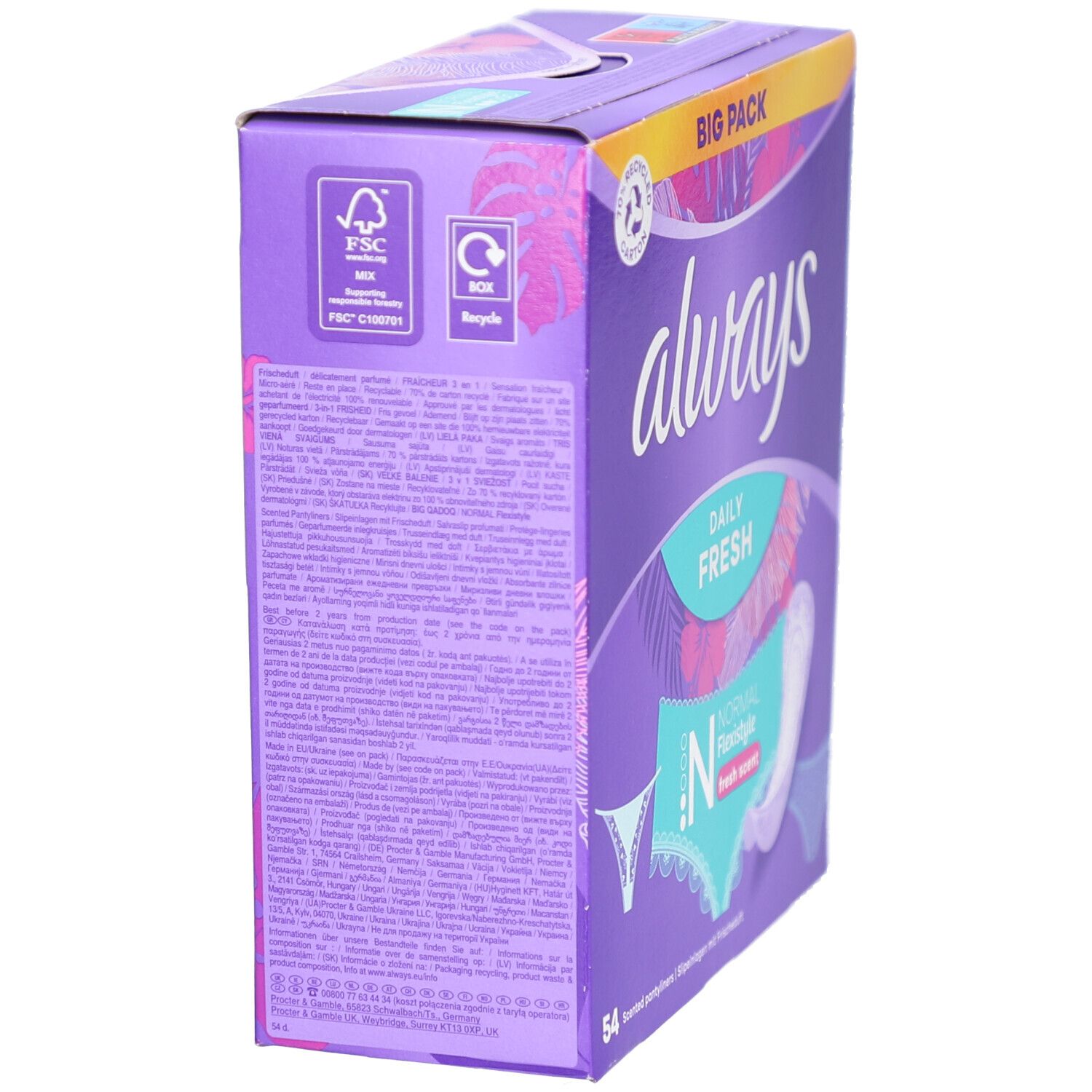 Karton Always, lila. FSC-Zertifizierung, Recycling-Symbol. Text in mehreren Sprachen. Ansicht von der Seite.