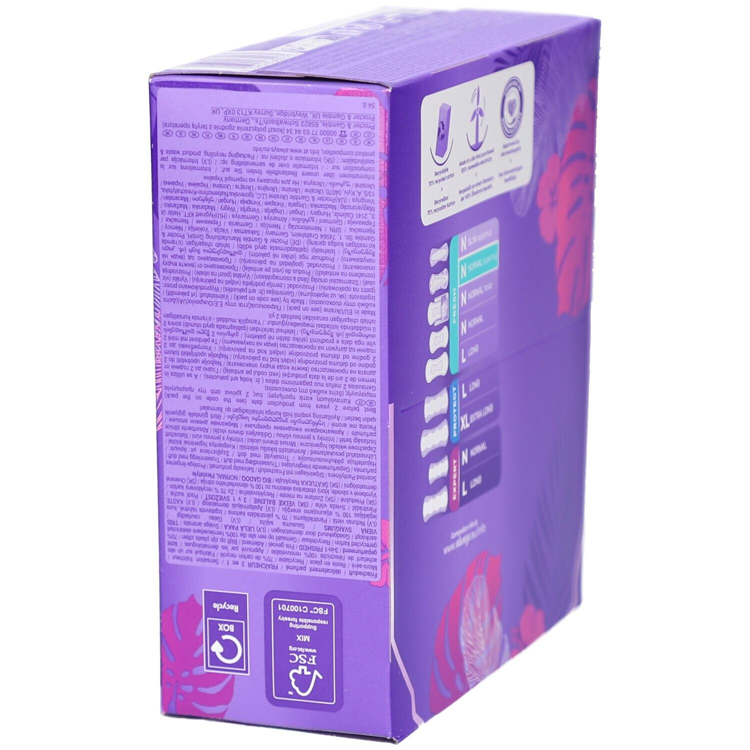 Lila Always-Karton. Text in mehreren Sprachen. FSC-Zertifizierung und Recycling-Symbol. Ansicht von hinten.