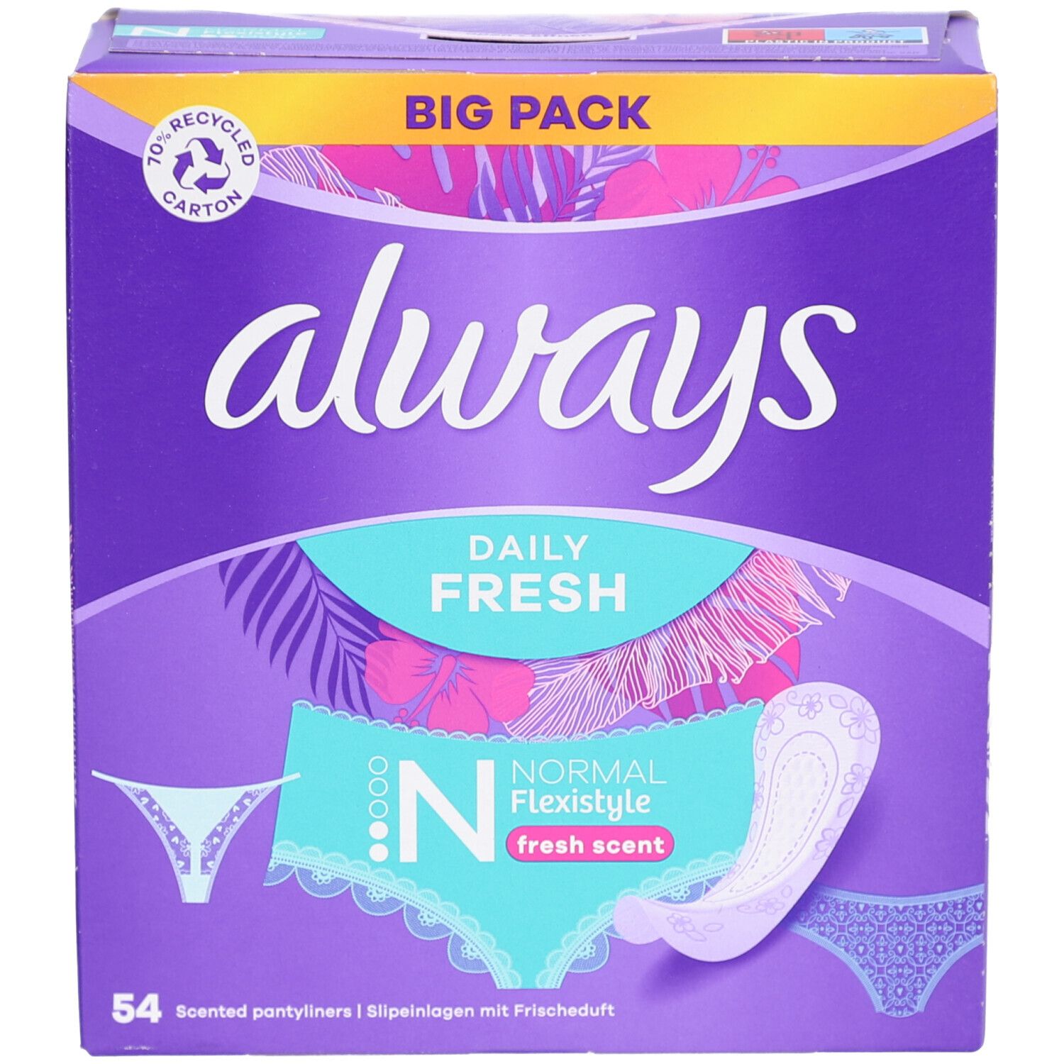Lila Always-Karton. Aufschrift: Always, Daily Fresh, Normal Flexistyle, fresh scent. 54 Slipeinlagen. 70% recyceltes Karton.