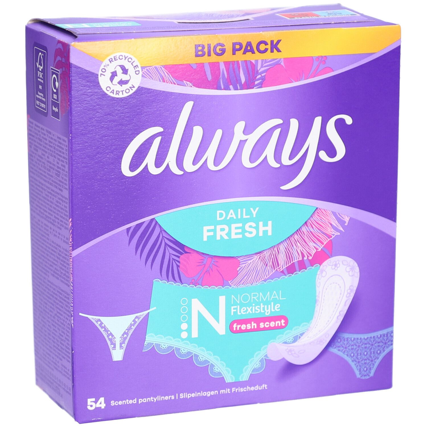 Lila Always-Karton. Aufschrift: Always, Daily Fresh, Normal Flexistyle, fresh scent. 54 Slipeinlagen. Ansicht schräg.