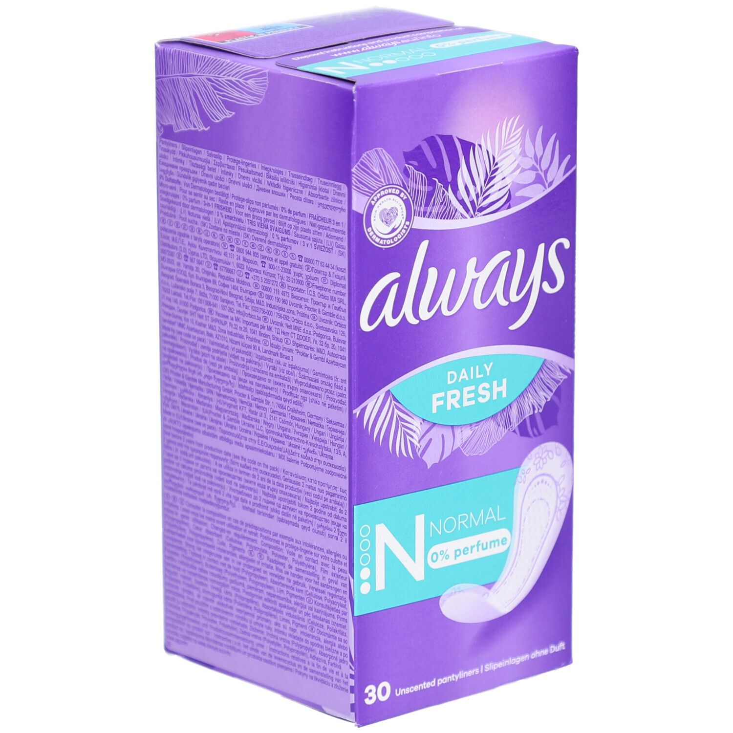 ALWAYS Slipeinlagen-Verpackung. Lila Schachtel mit Text und Produktabbildung. Enthält 30 Stück. "Normal" und "0% perfume" sind angegeben.