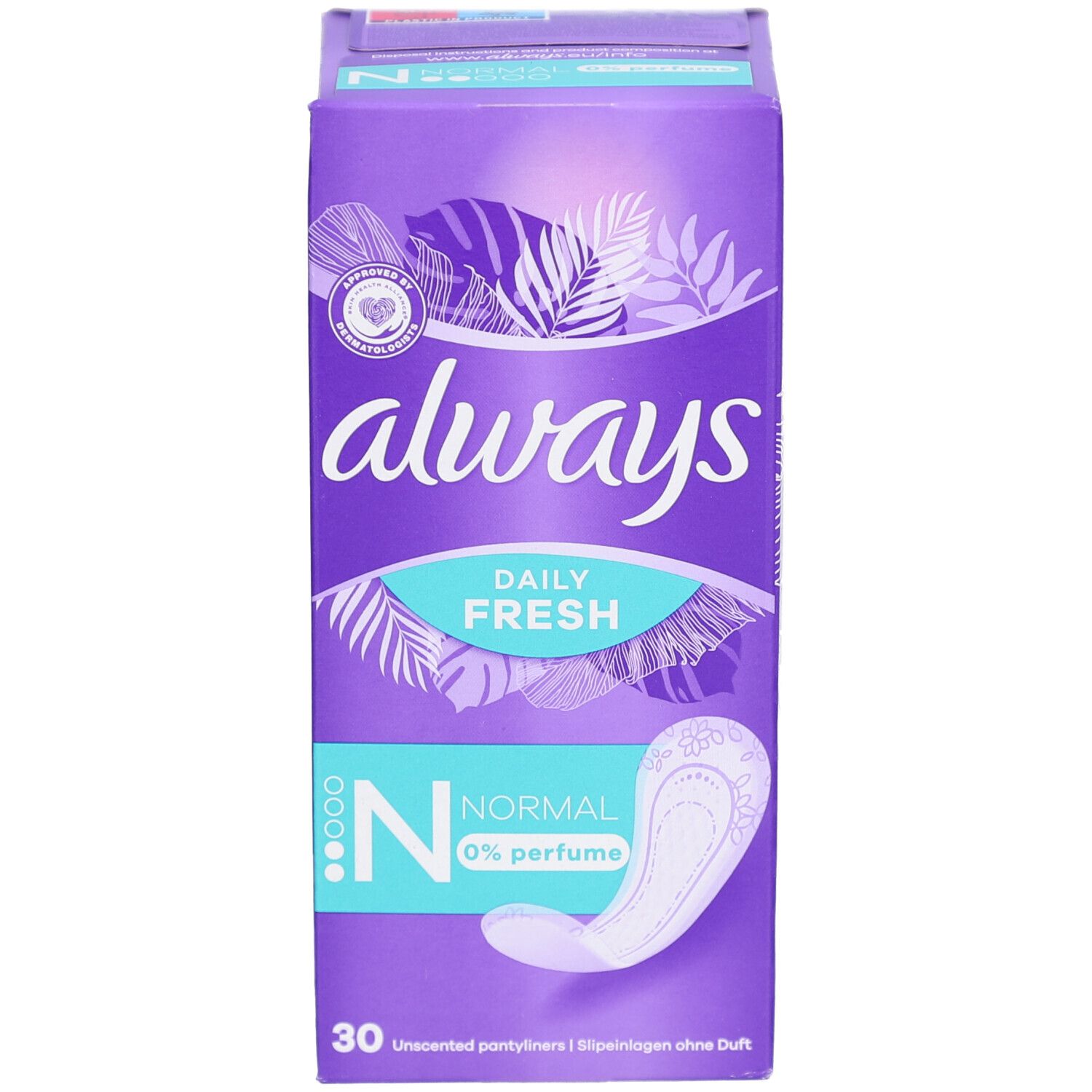 ALWAYS Slipeinlagen-Verpackung. Lila Schachtel mit Produktabbildung und Text. Enthält 30 Stück. "Normal" und "0% perfume" sind angegeben.