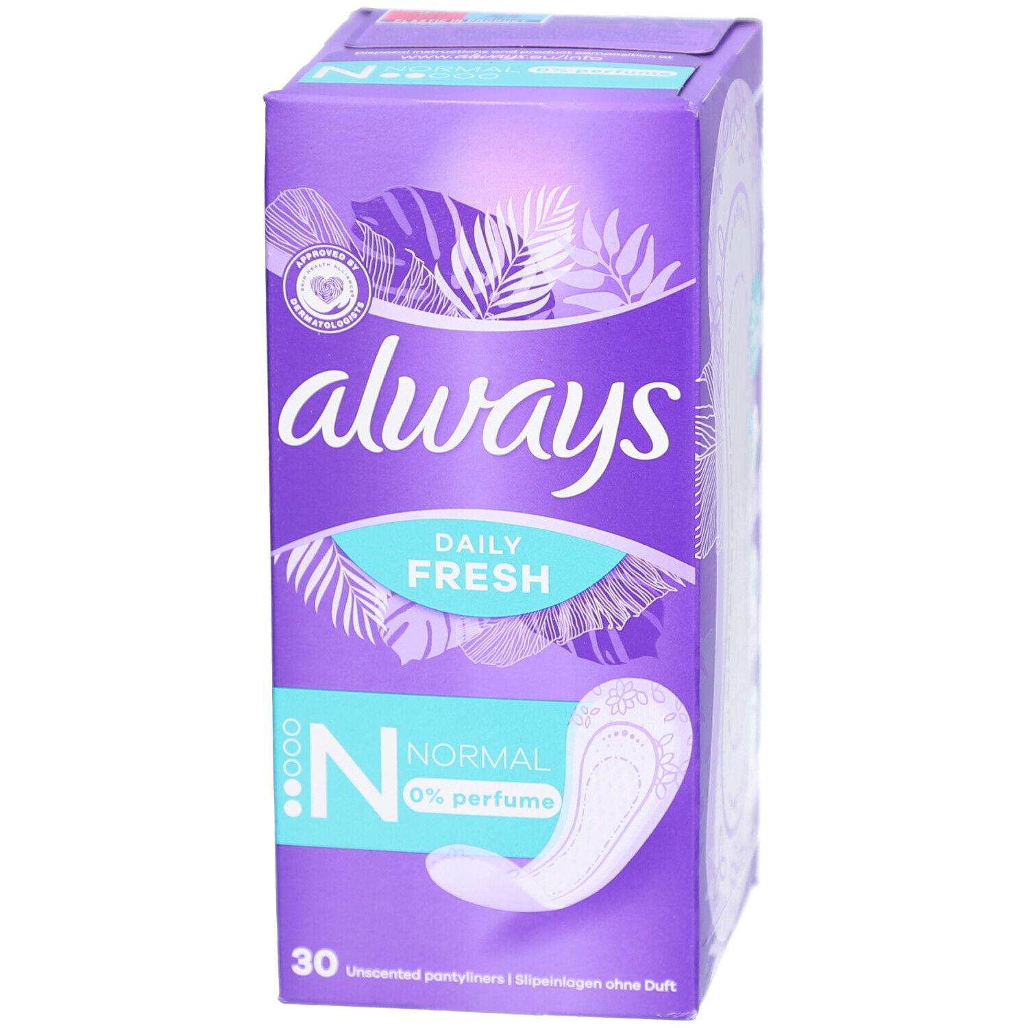 ALWAYS Slipeinlagen-Verpackung. Lila Schachtel mit Produktabbildung und Text. Enthält 30 Stück. "Normal" und "0% perfume" sind angegeben.