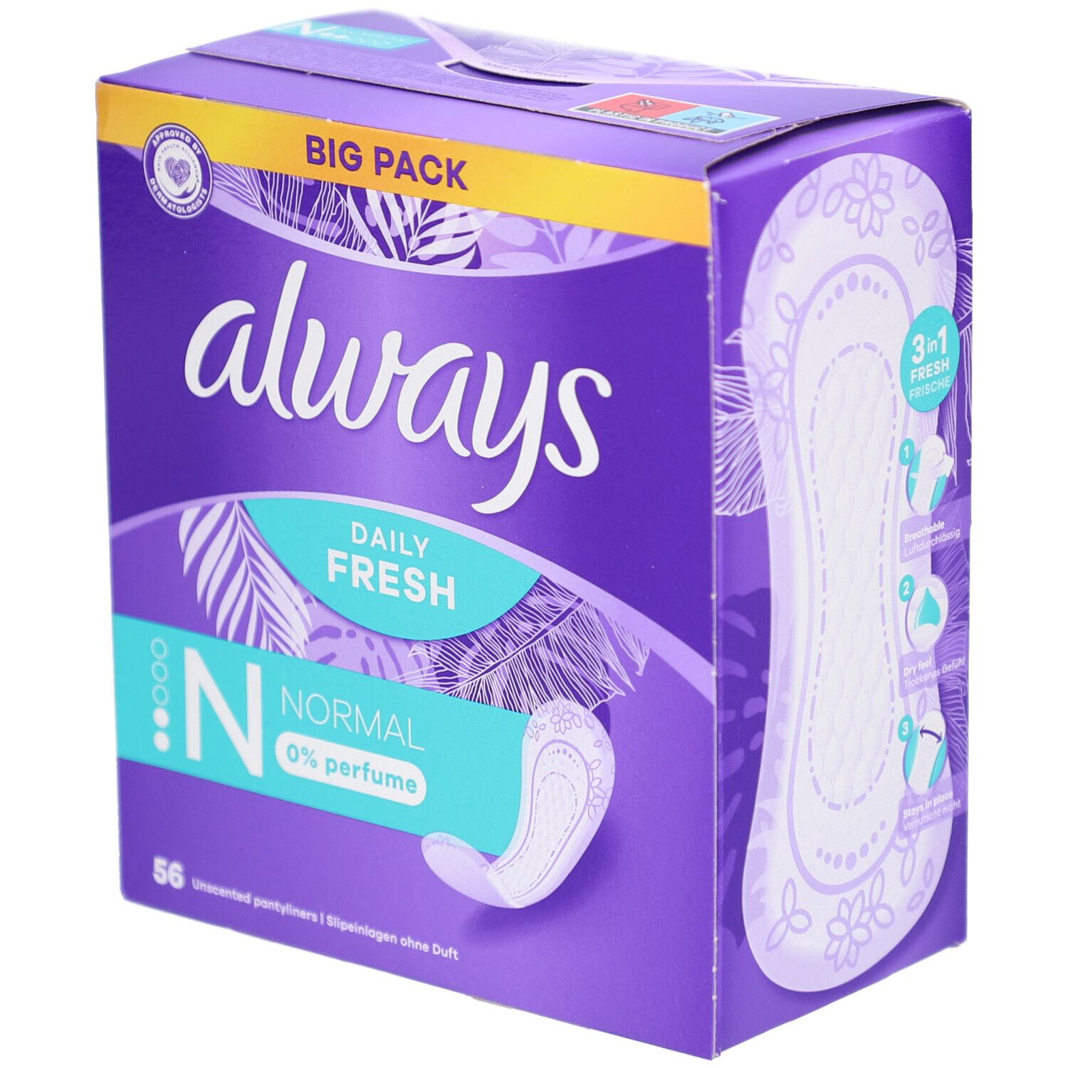 Verpackung von Always Daily Fresh. Lila Box mit Produktabbildung und Schriftzug. Enthält 56 Slipeinlagen, Normal, 0% Parfum.