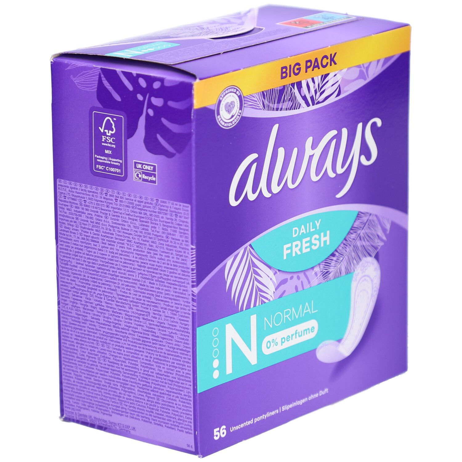 Always Daily Fresh Verpackung. Lila Box mit Produktabbildung und Text. FSC-Logo. Enthält 56 Slipeinlagen, Normal, 0% Parfum.
