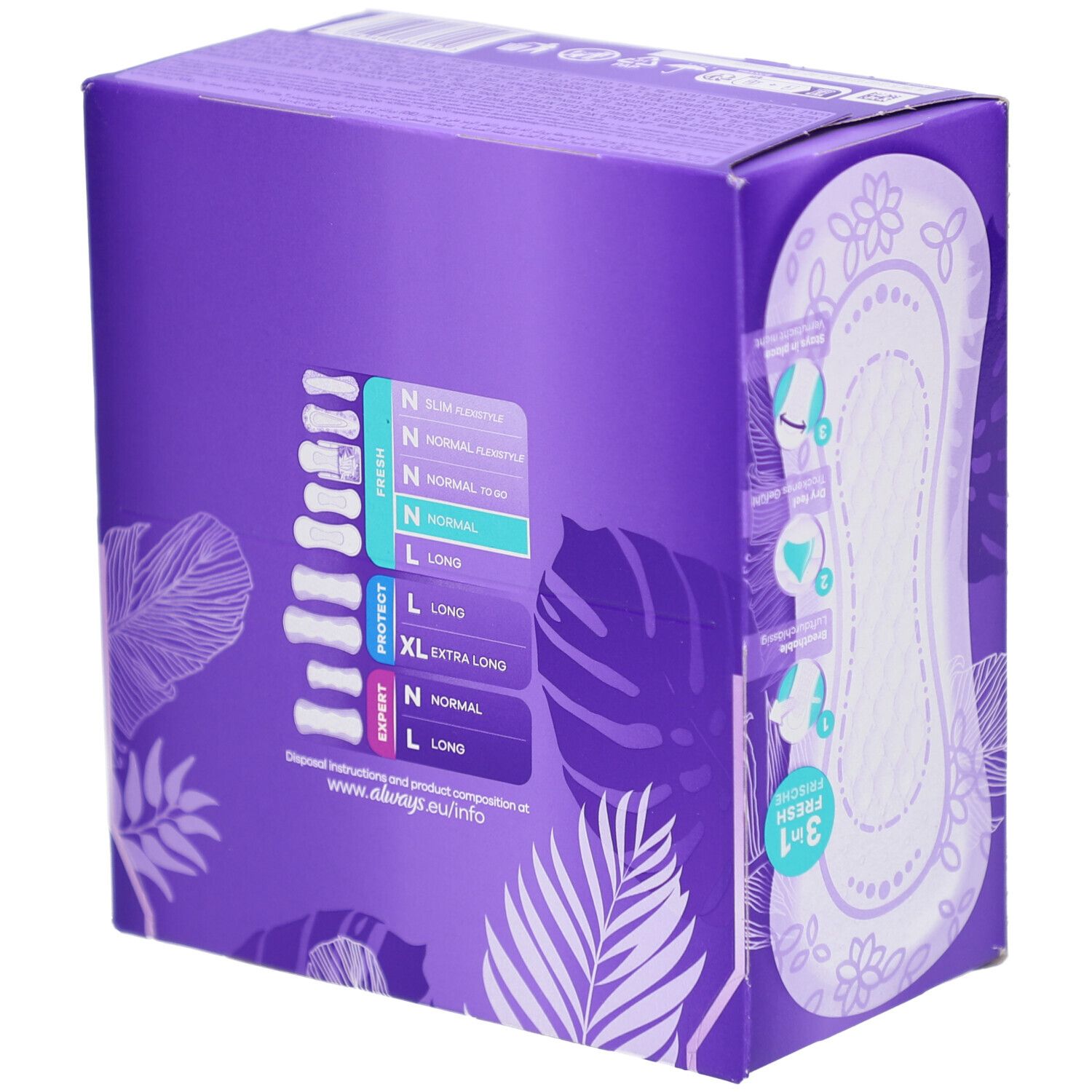 Always Daily Fresh Verpackung. Lila Box mit Produktabbildung und Text. Übersicht über verschiedene Größen. Enthält 56 Slipeinlagen.