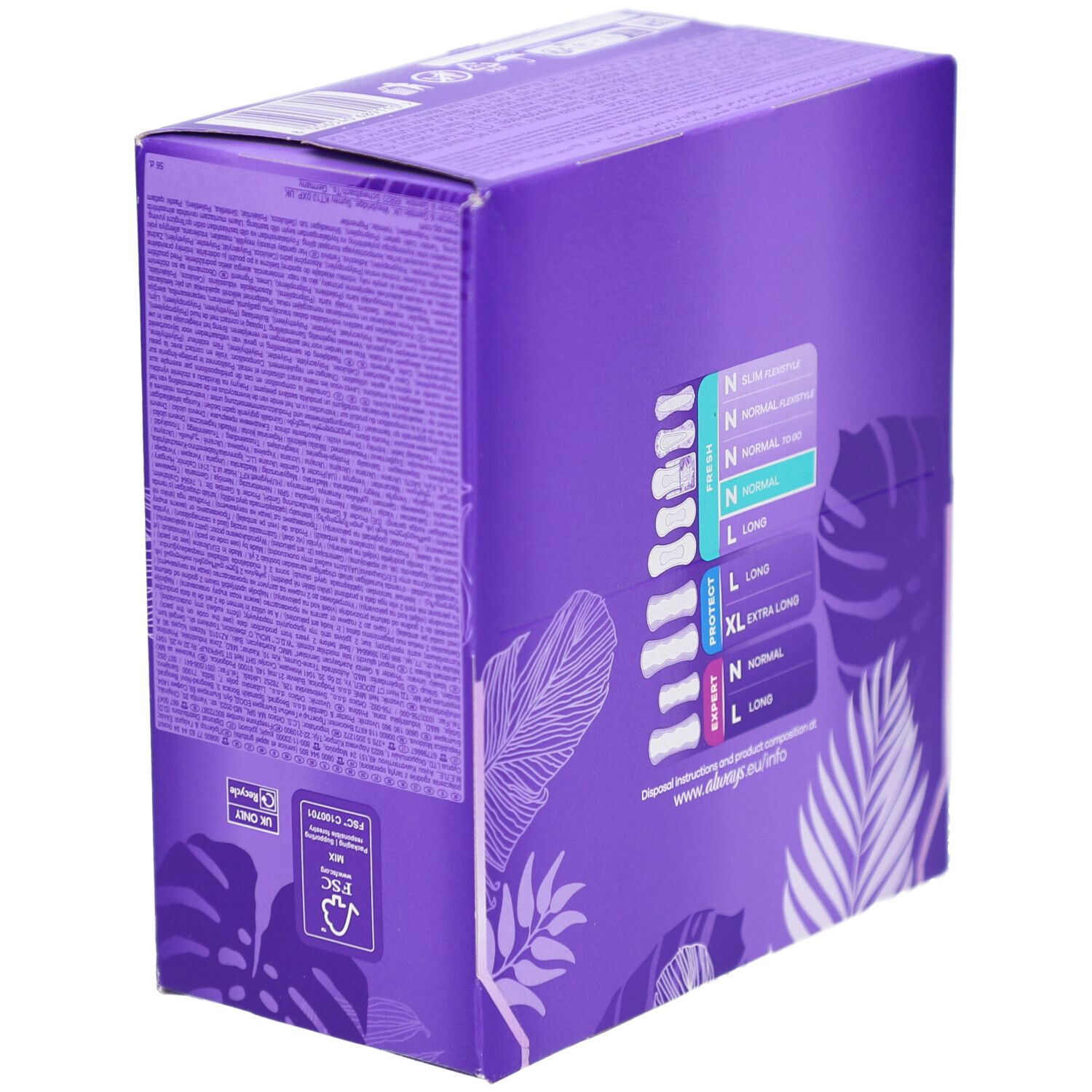 Always Daily Fresh Verpackung. Lila Box mit Produktabbildung und Text. Übersicht über verschiedene Größen. FSC-Logo.