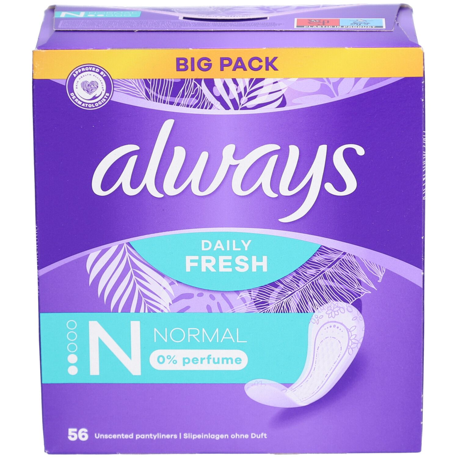 Always Daily Fresh Verpackung. Lila Box mit Produktabbildung und Text. Enthält 56 Slipeinlagen, Normal, 0% Parfum. Siegel.