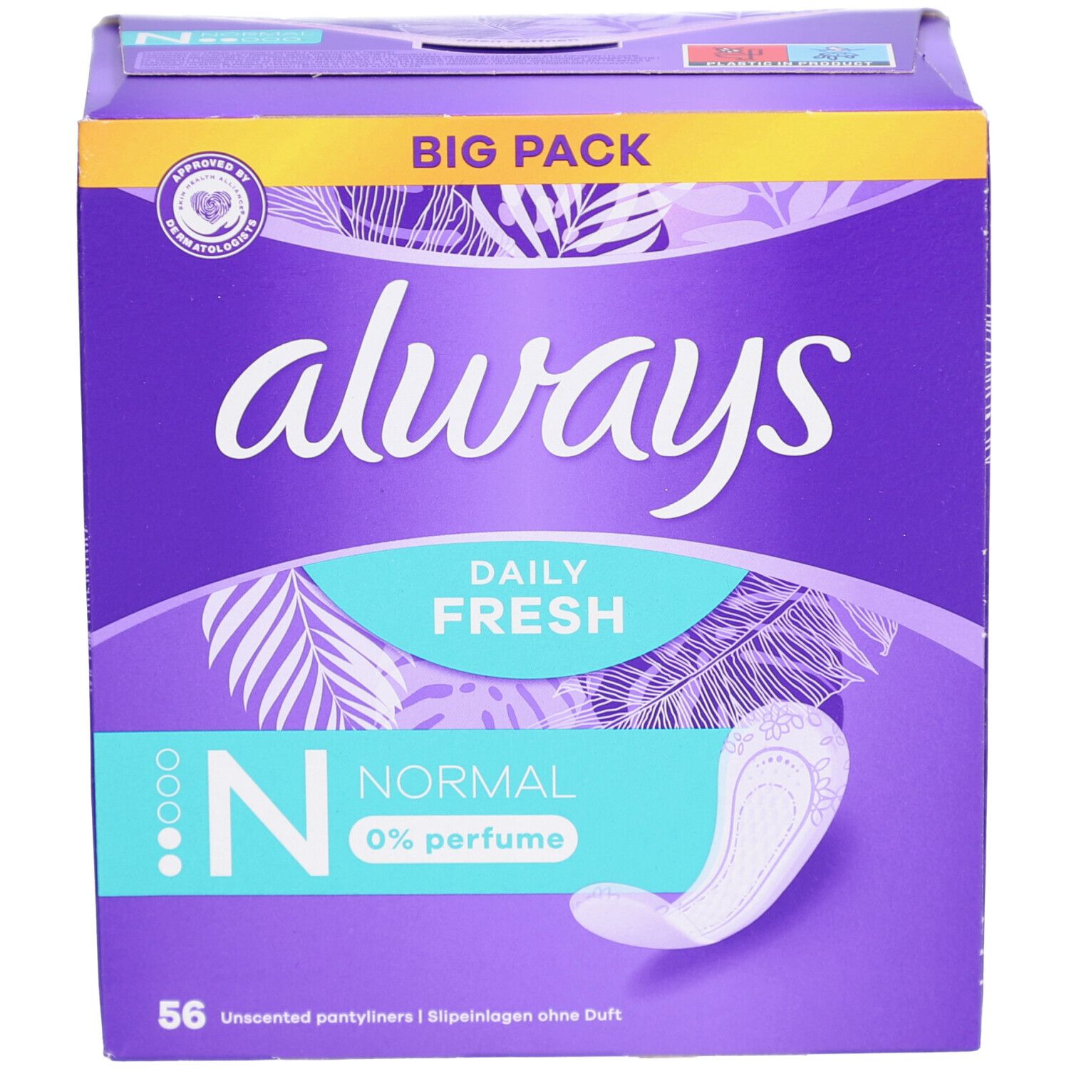 Always Daily Fresh Verpackung. Lila Box mit Produktabbildung und Text. Enthält 56 Slipeinlagen, Normal, 0% Parfum. Siegel.