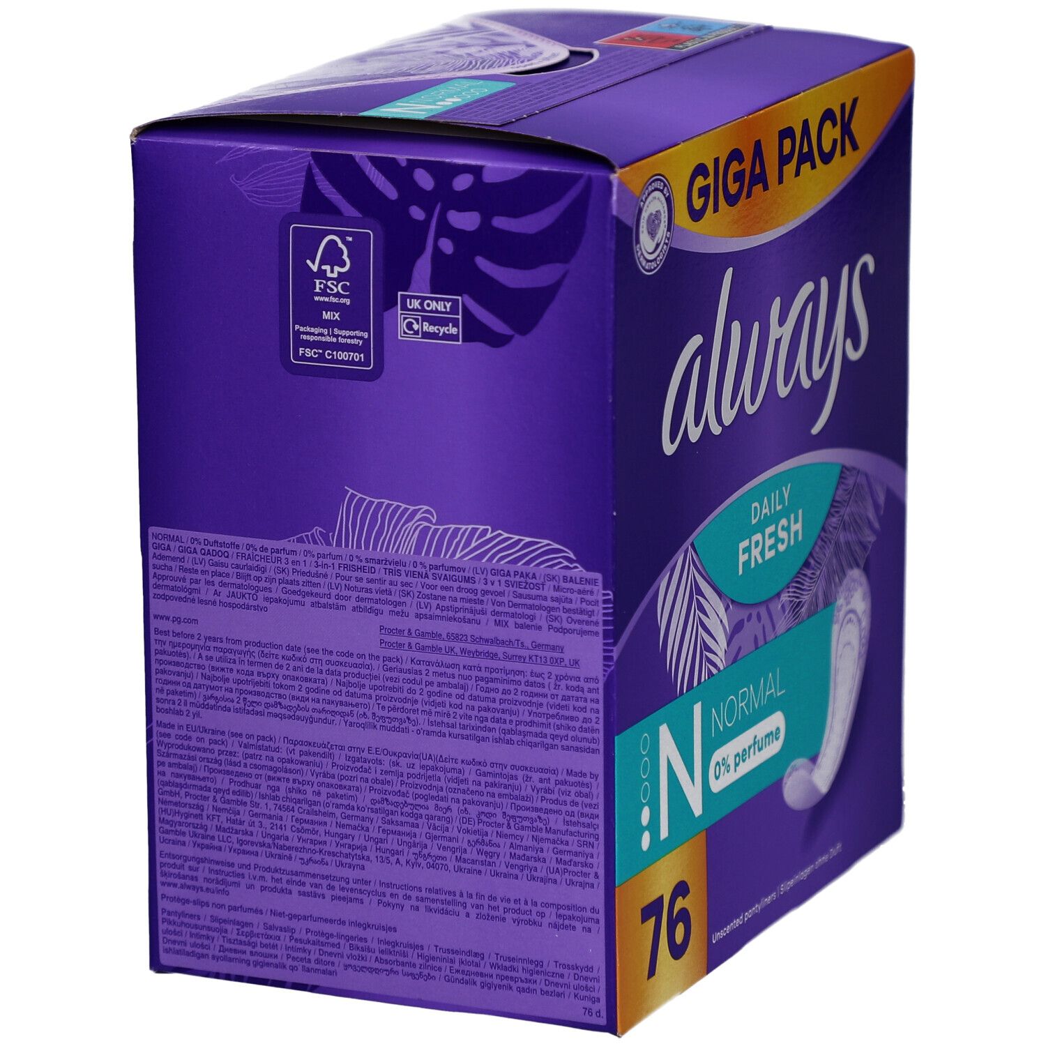 Verpackung mit Slipeinlagen. Aufschrift: GIGA PACK, always, Daily Fresh, Normal, 0% perfume, 76 Stück. Lila Verpackung mit Text.