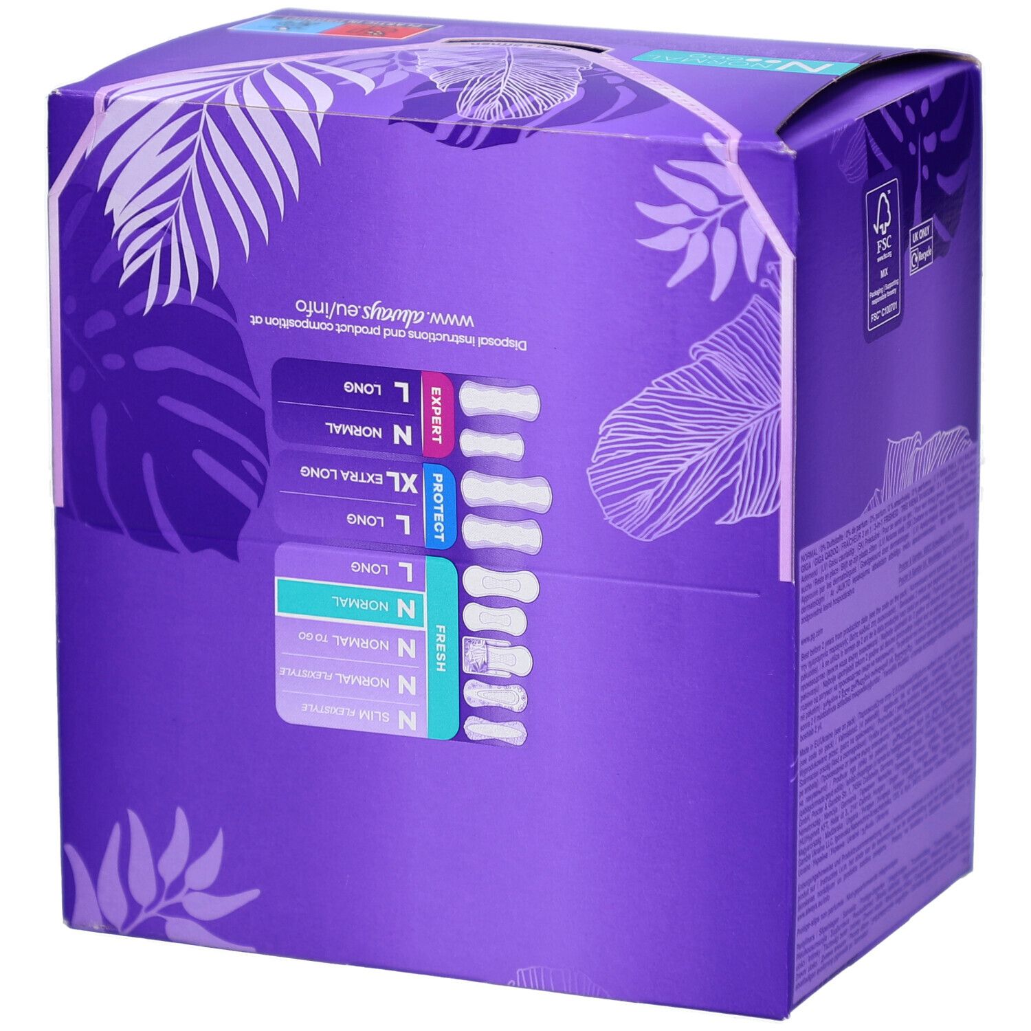 Rückseite der Verpackung mit Slipeinlagen. Aufschrift: always, verschiedene Größen. Lila Verpackung mit Text und Illustrationen.