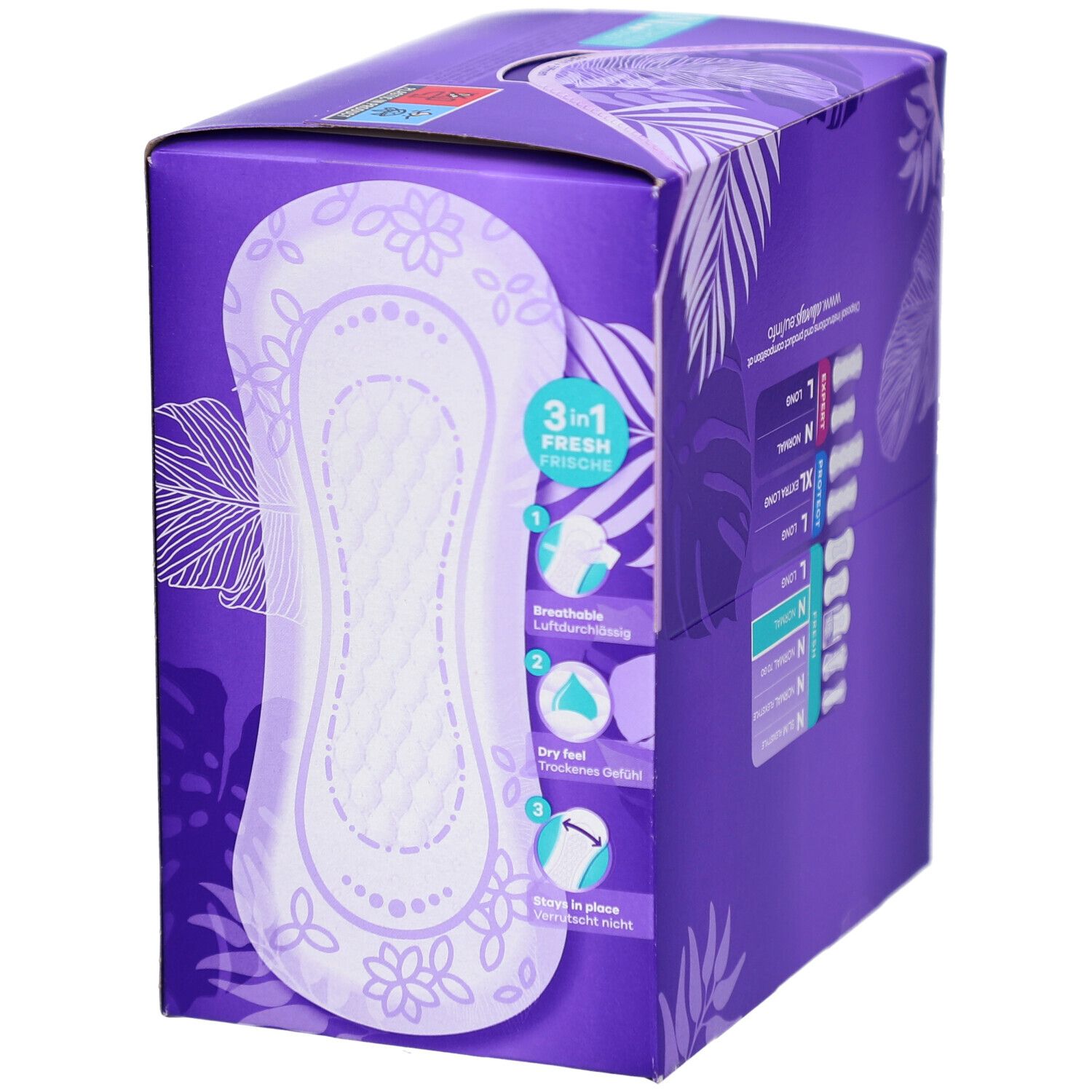 Verpackung mit Slipeinlagen. Aufschrift: 3 in 1 Frische, atmungsaktiv, trocken, haftet. Lila Verpackung mit Illustrationen.