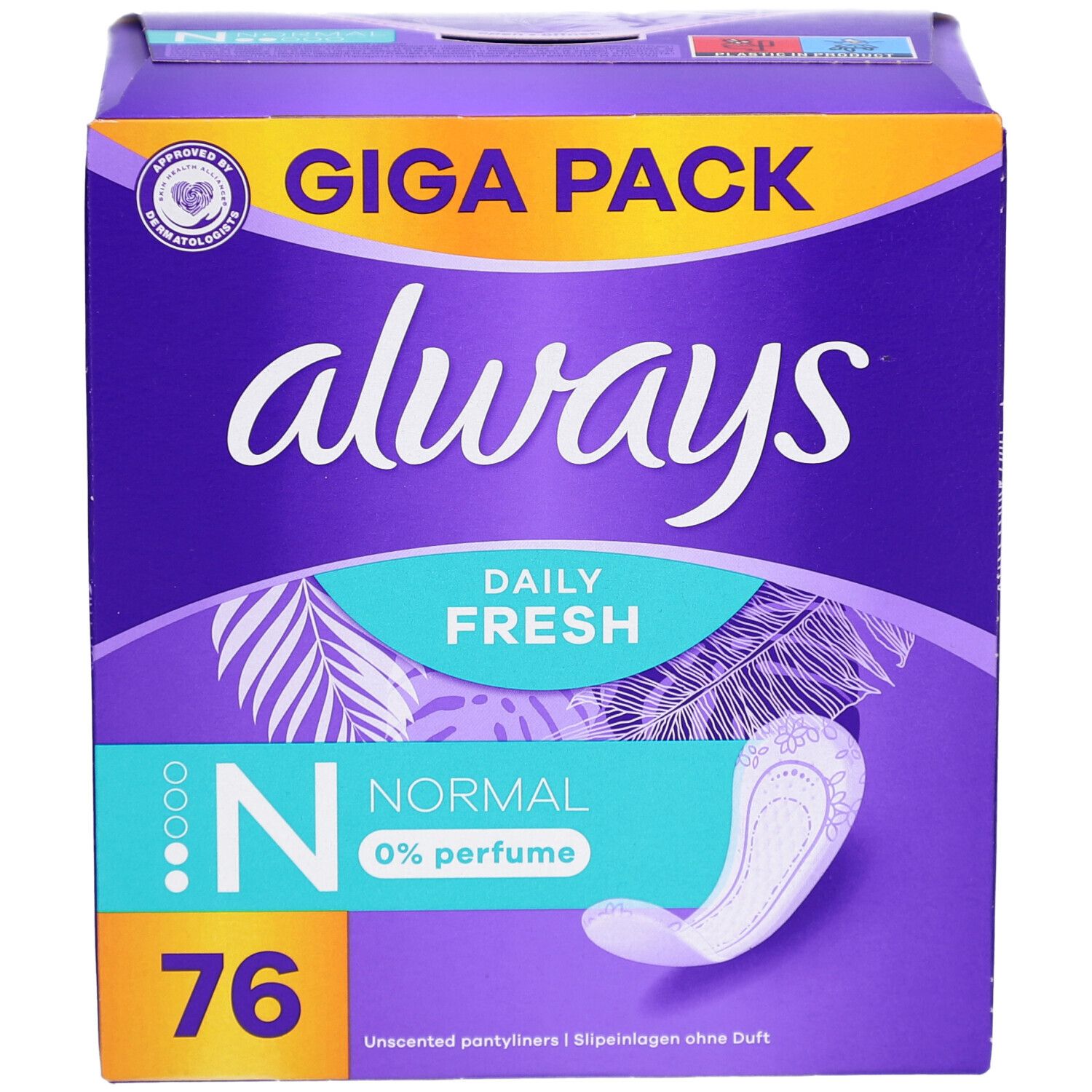 Verpackung mit Slipeinlagen. Aufschrift: GIGA PACK, always, Daily Fresh, Normal, 0% perfume, 76 Stück. Lila und gelbe Farben.