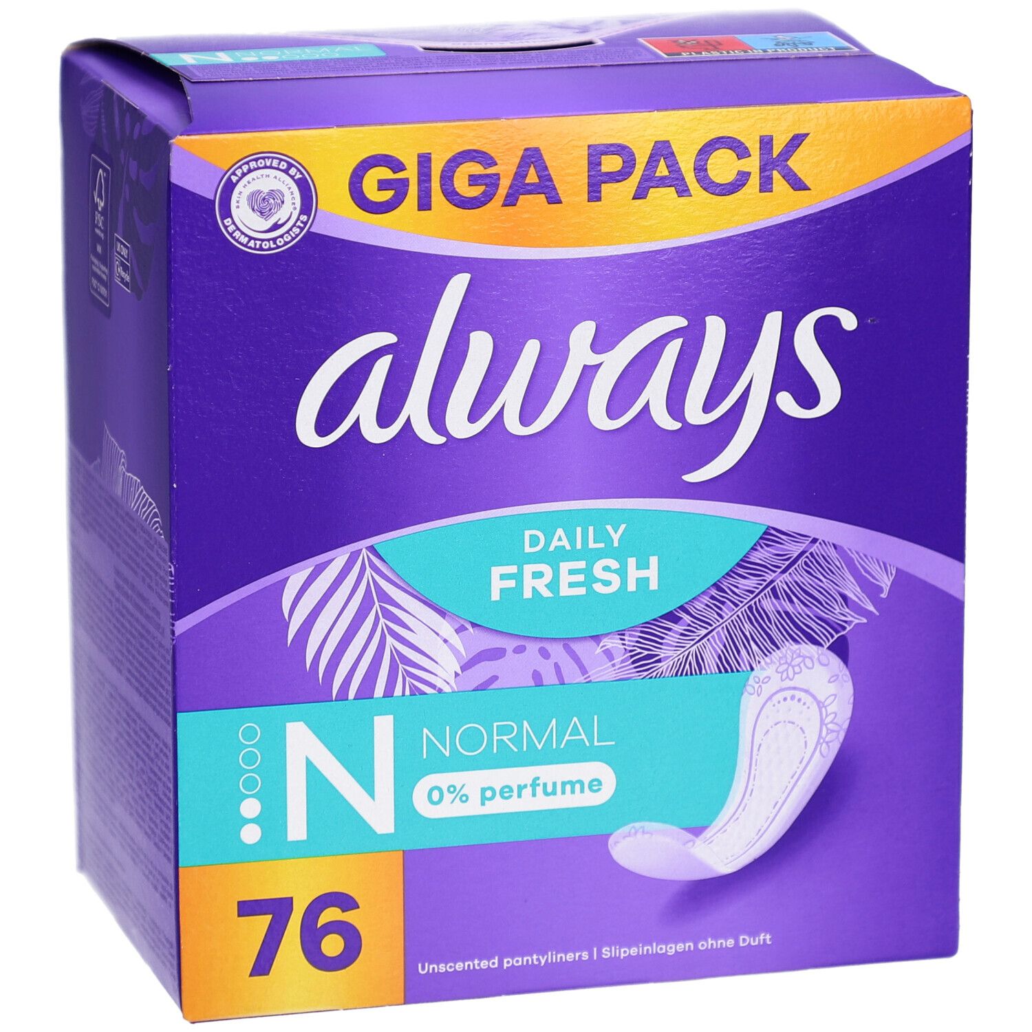 Verpackung mit Slipeinlagen. Aufschrift: GIGA PACK, always, Daily Fresh, Normal, 0% perfume, 76 Stück. Lila und gelbe Farben.