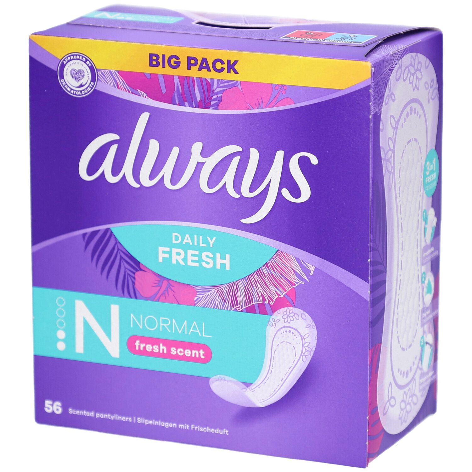 Always Daily Fresh Box. Lila Verpackung mit Always-Logo, Produktbezeichnung und einem Protège-slip. 56 Stück.