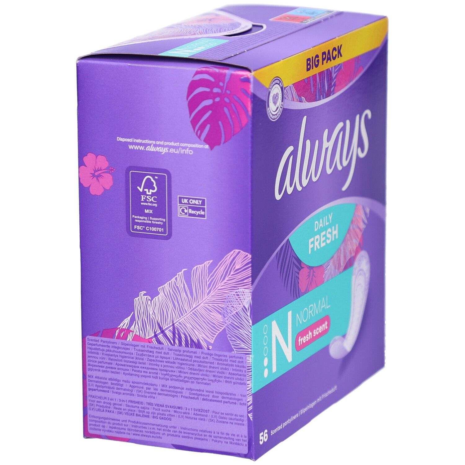 Always Daily Fresh Box. Lila Verpackung mit Always-Logo und Produktinformationen. FSC-Zertifizierung.