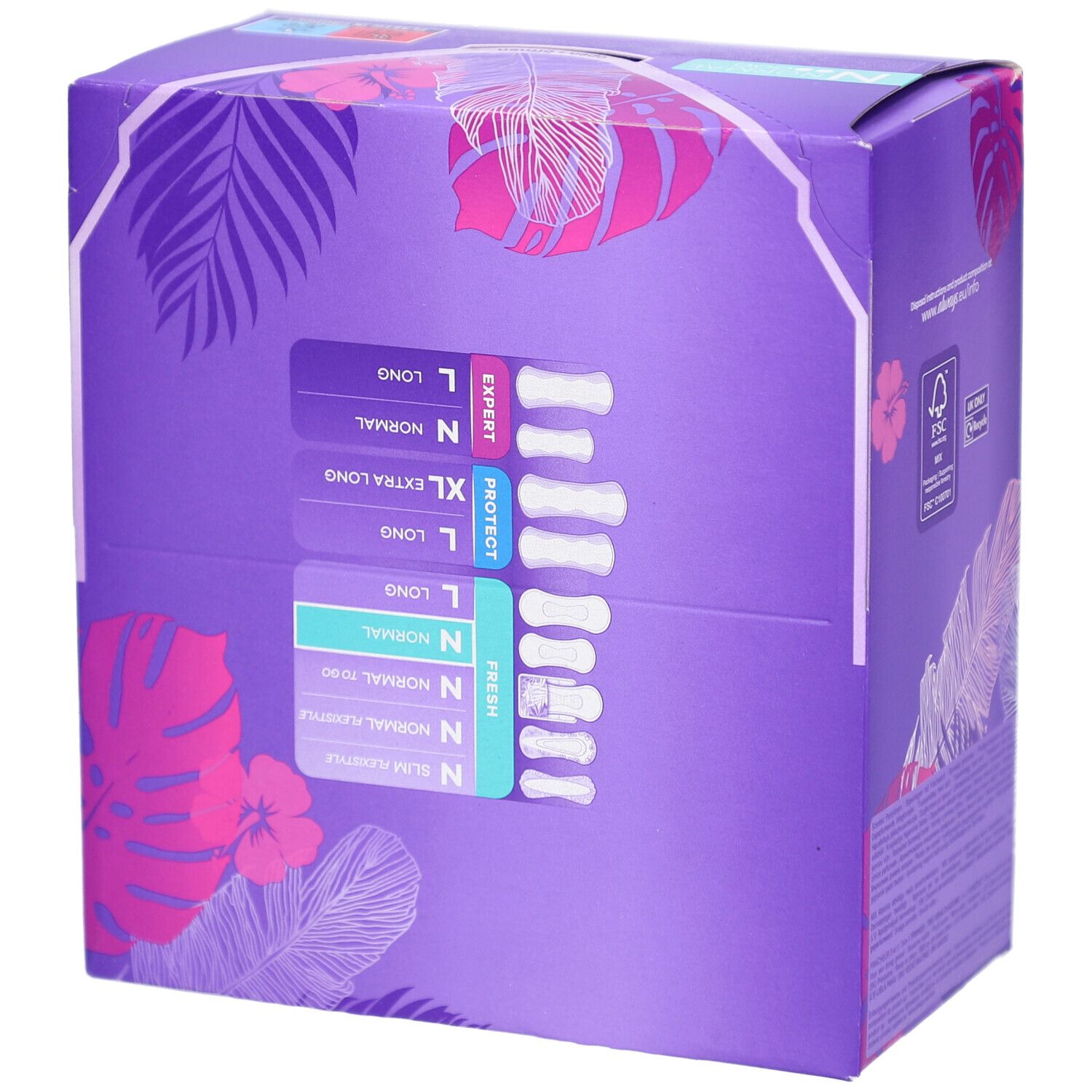 Always Daily Fresh Box. Lila Verpackung mit Produktvarianten. Größen: Normal, Long, XL Long. FSC-Zertifizierung.