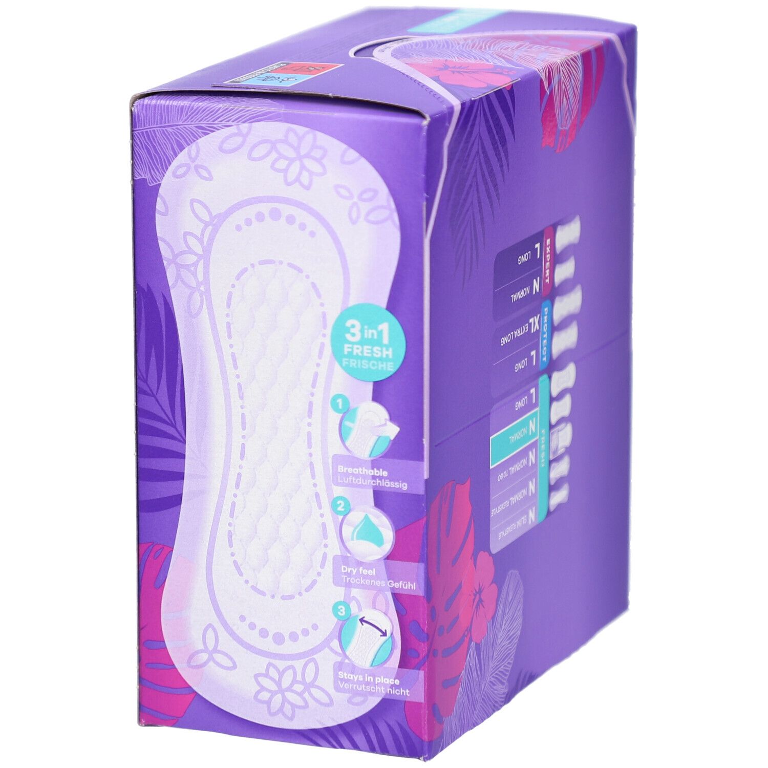 Always Daily Fresh Box. Lila Verpackung mit Produkt und 3-in-1-Funktionsgrafik. Produktbezeichnung.