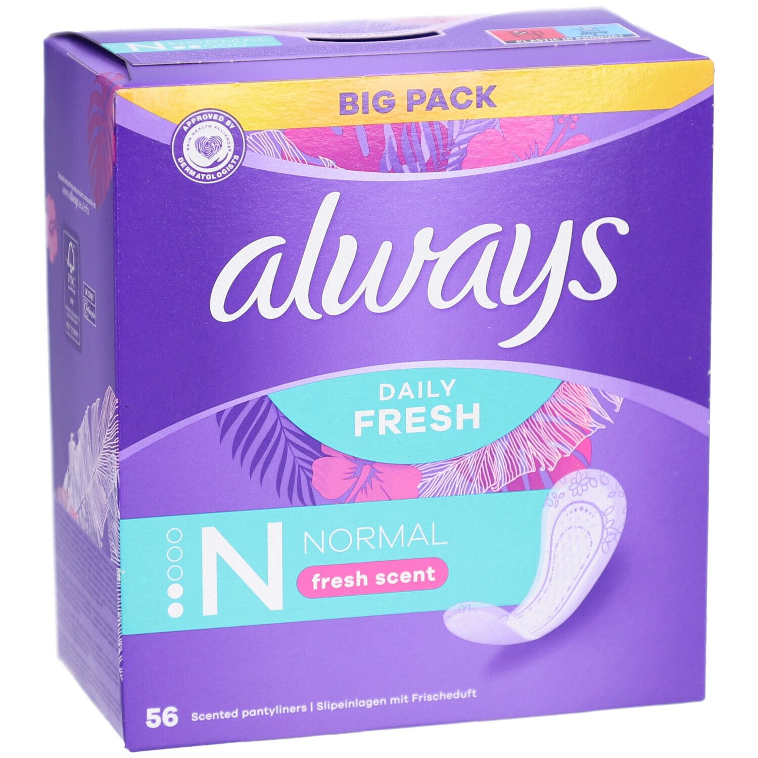 Always Daily Fresh Box. Lila Verpackung mit Always-Logo, Produktbezeichnung und Protège-slip. 56 Stück.