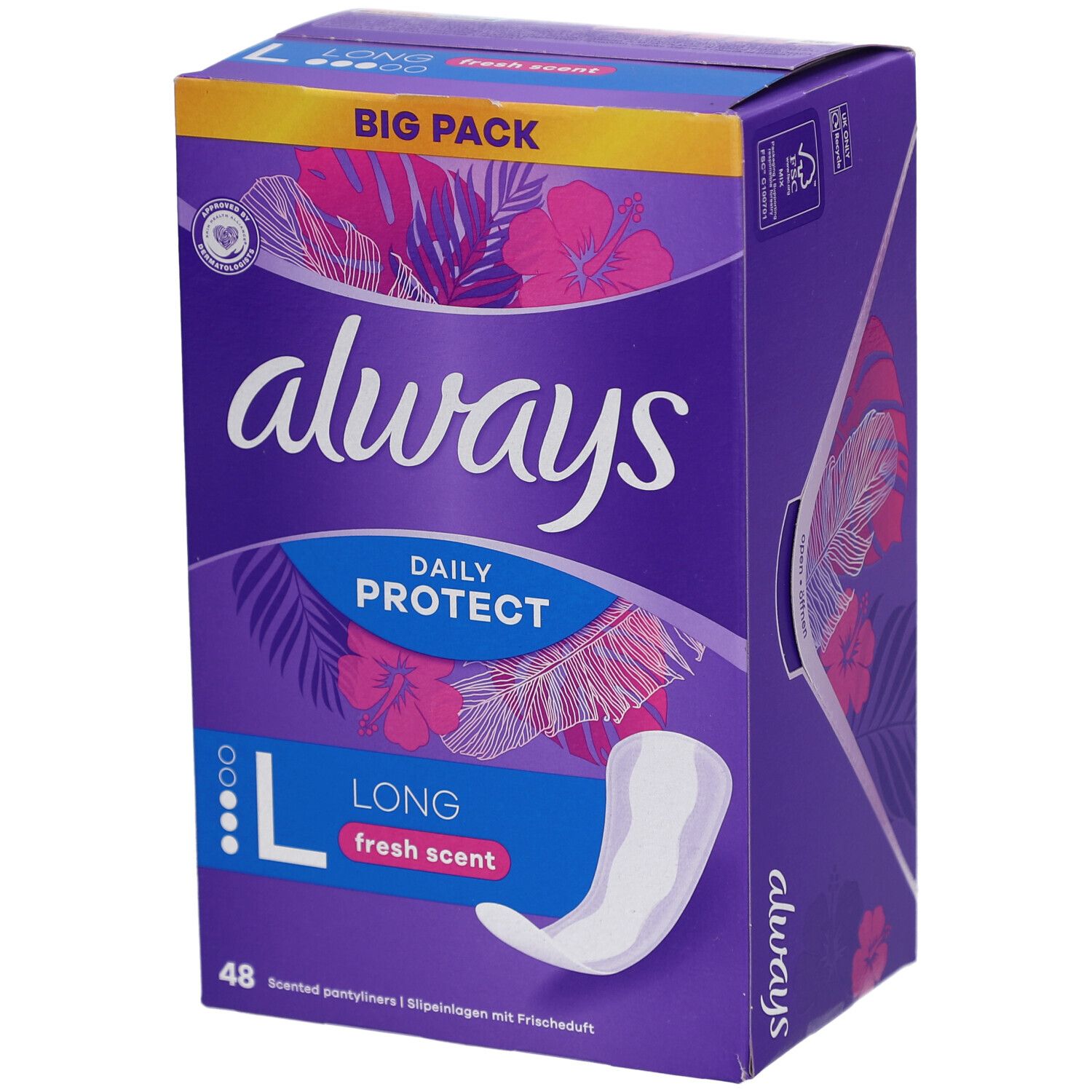 Verpackung von Always Daily Protect. Lila Schachtel mit Always-Logo, Produktname und einem Long-Slip. Aufschrift: Big Pack.