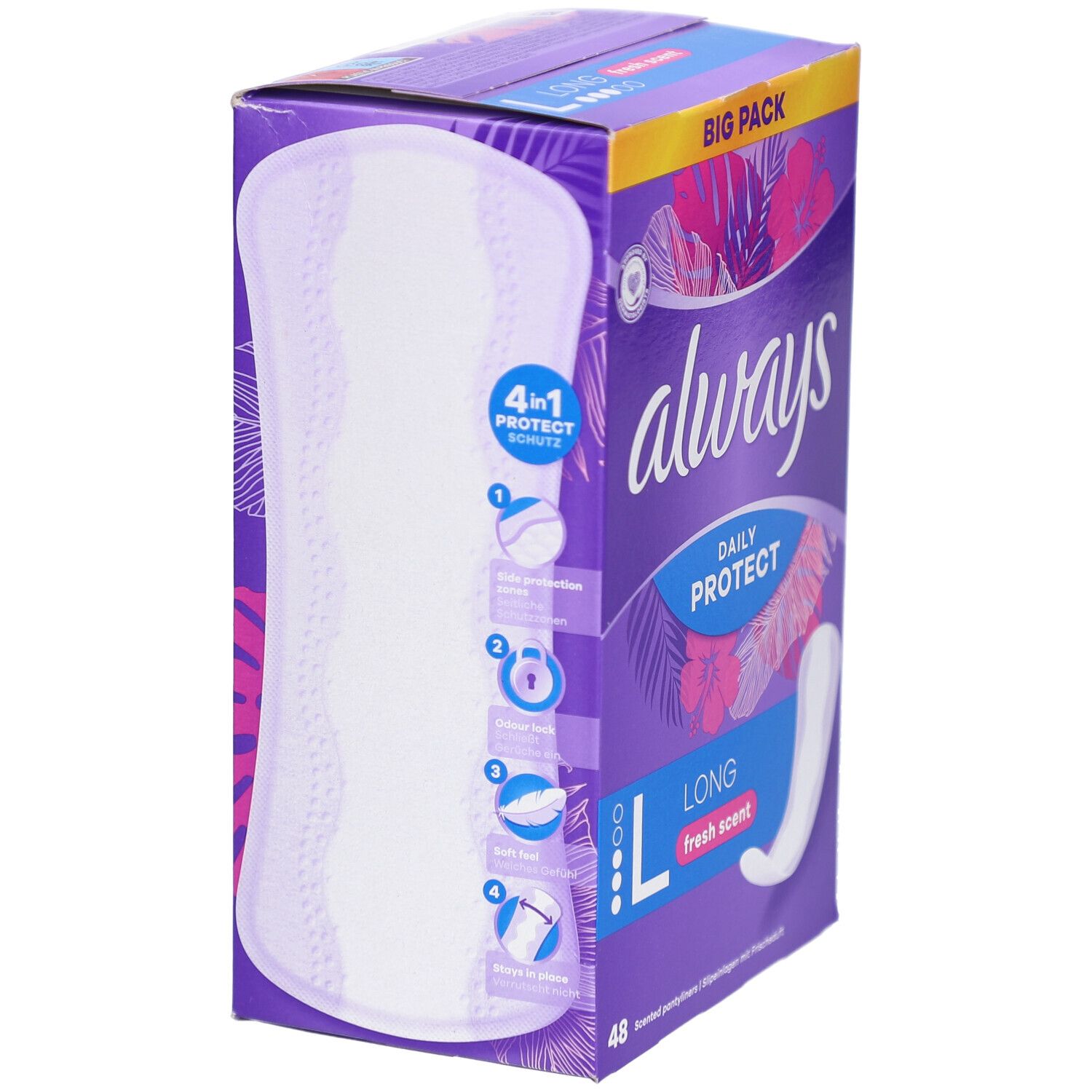 Always Daily Protect-Verpackung. Lila Schachtel mit Always-Logo, Produktname und Long-Slip. Zeigt 4-in-1-Schutz-Eigenschaften.