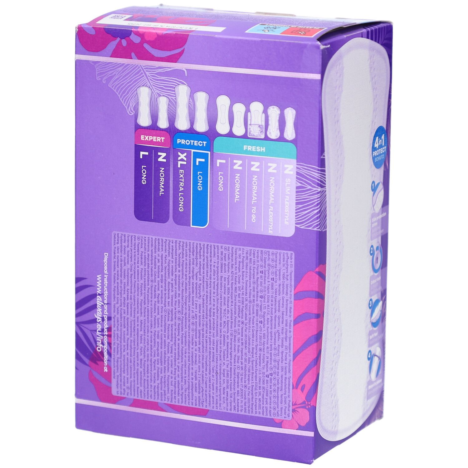 Rückseite der Always Daily Protect-Verpackung. Zeigt verschiedene Größen und Produktvarianten. Lila Hintergrund mit floralen Elementen.