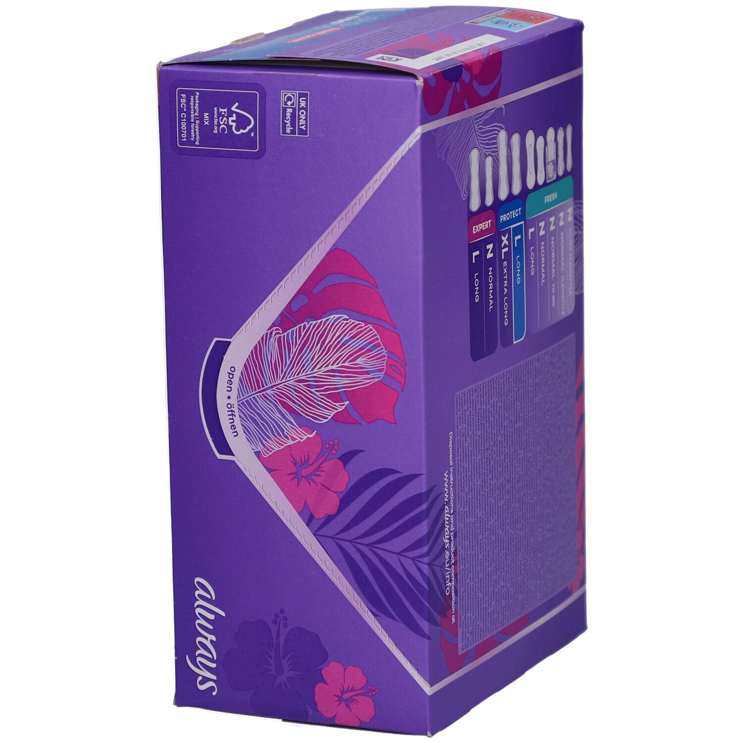 Always Daily Protect-Verpackung. Lila Schachtel mit Always-Logo und floralen Mustern. Zeigt Produktvarianten auf der Seite.