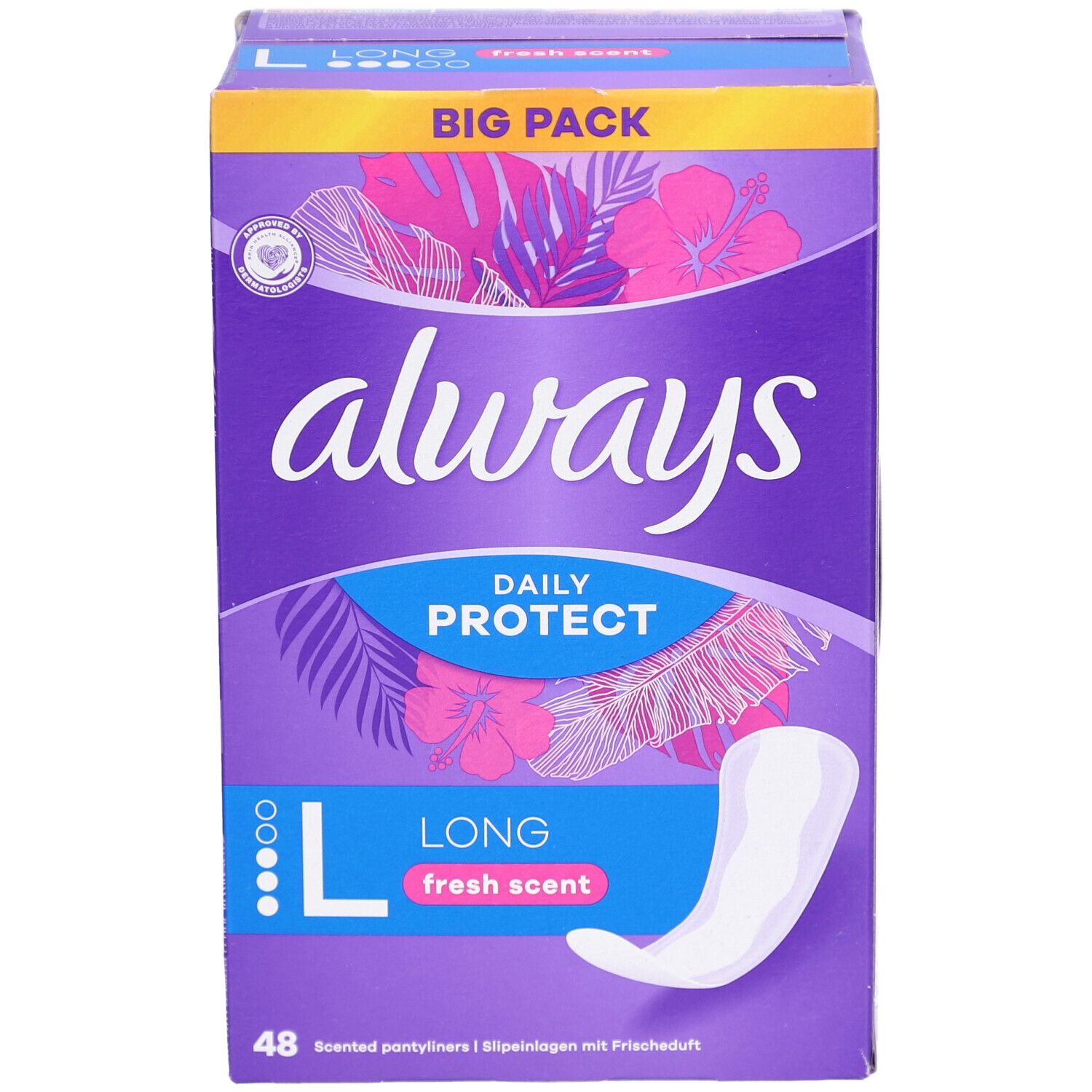 Always Daily Protect-Verpackung. Lila Schachtel mit Always-Logo, Produktname und Long-Slip. Aufschrift: Big Pack. 48 Stück.