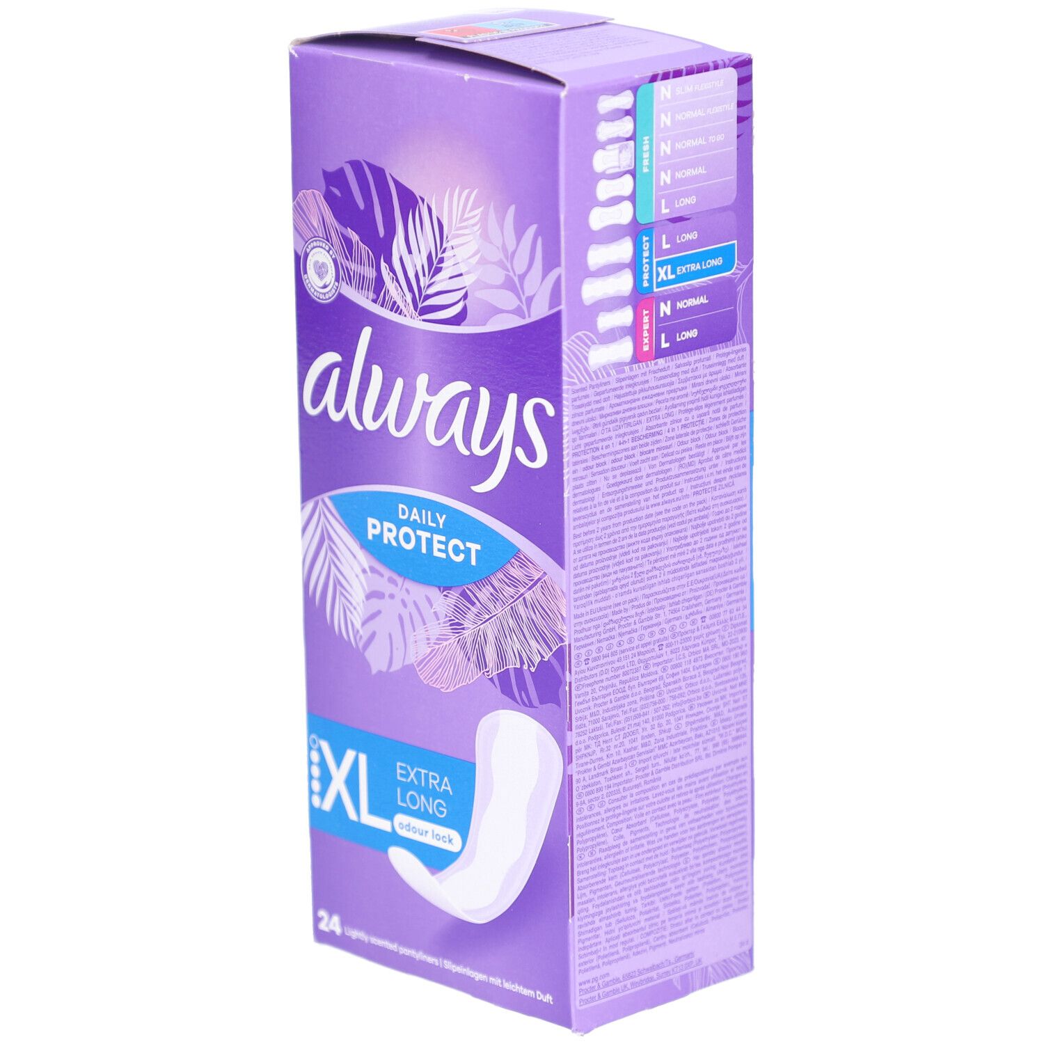 Always Daily Protect Protège-slips XL Extra Long. Lila Verpackung mit Produktabbildung. 24 Stück.