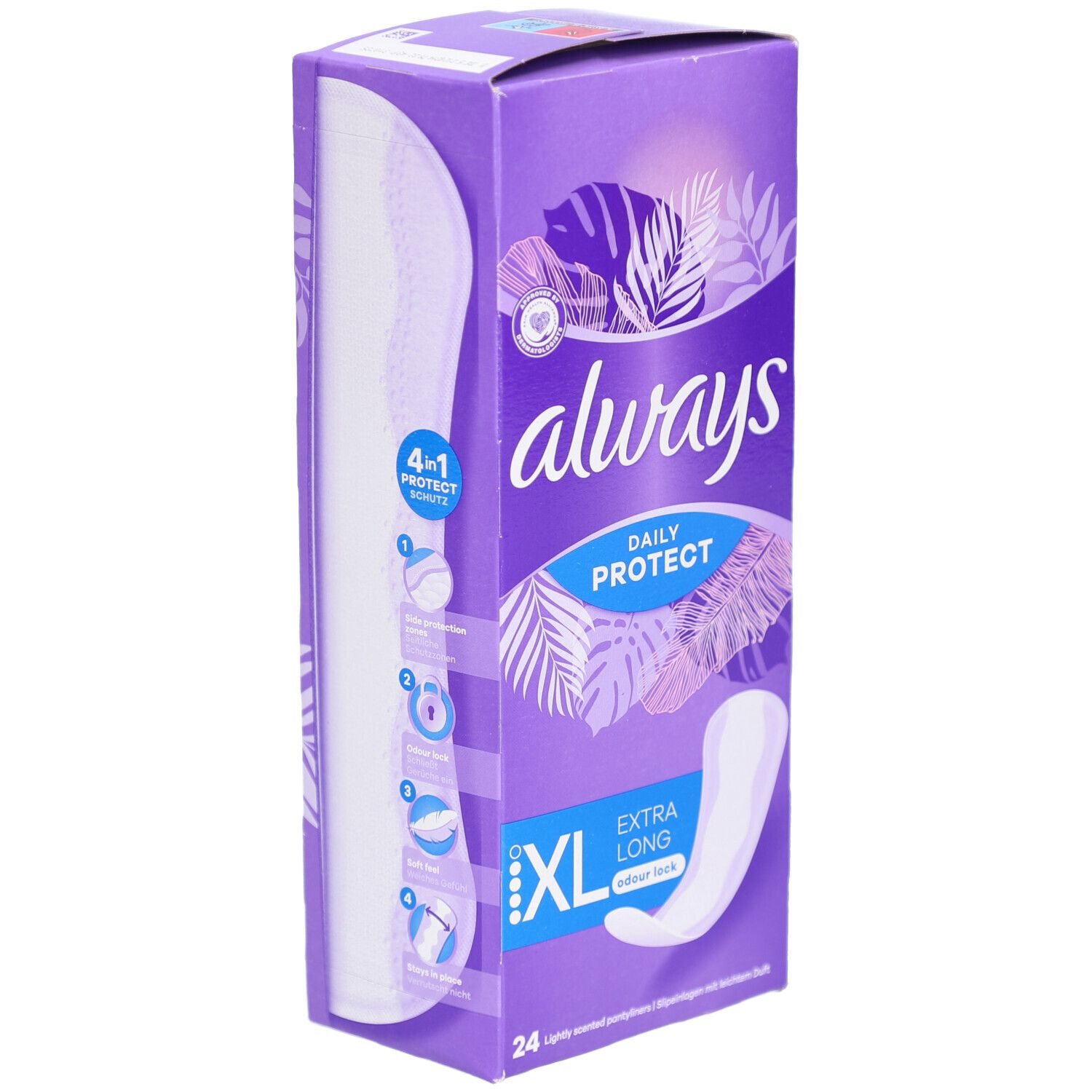 Always Daily Protect Protège-slips XL Extra Long. Lila Verpackung mit Produktabbildung und 4-in-1-Schutz-Symbolen. 24 Stück.