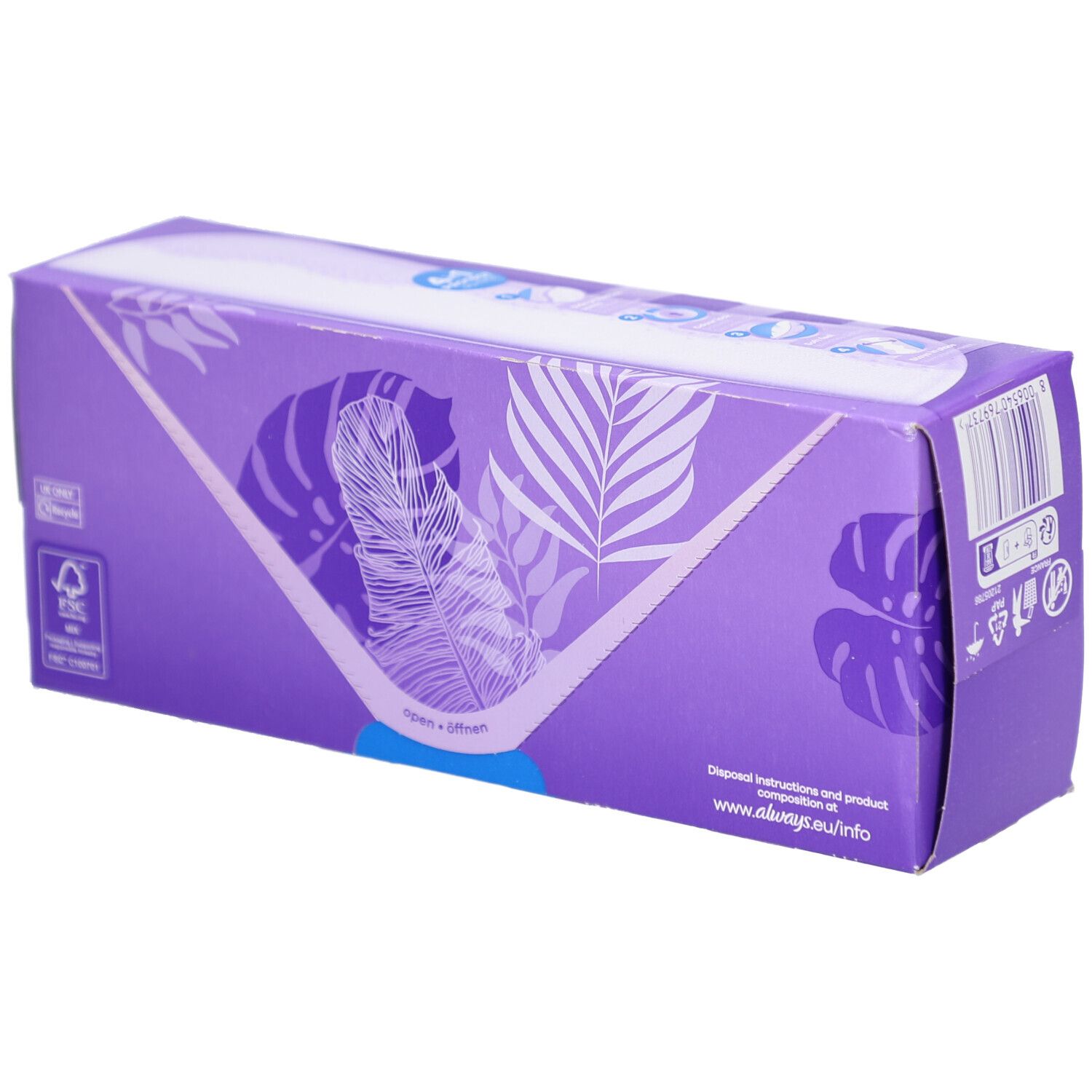 Always Daily Protect Protège-slips XL Extra Long. Lila Verpackung, Oberseite mit Produktinformationen und Barcode.