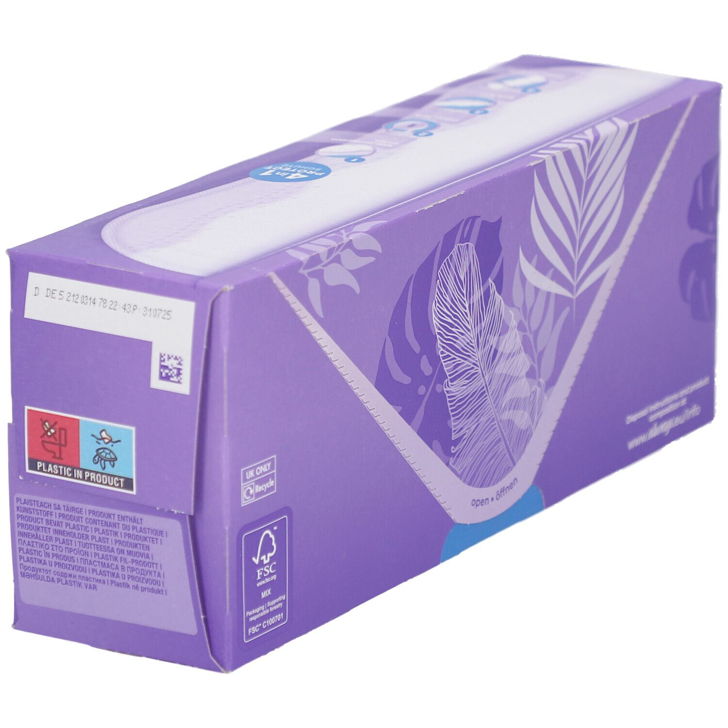 Always Daily Protect Protège-slips XL Extra Long. Lila Verpackung, Seite mit Informationen und FSC-Siegel.