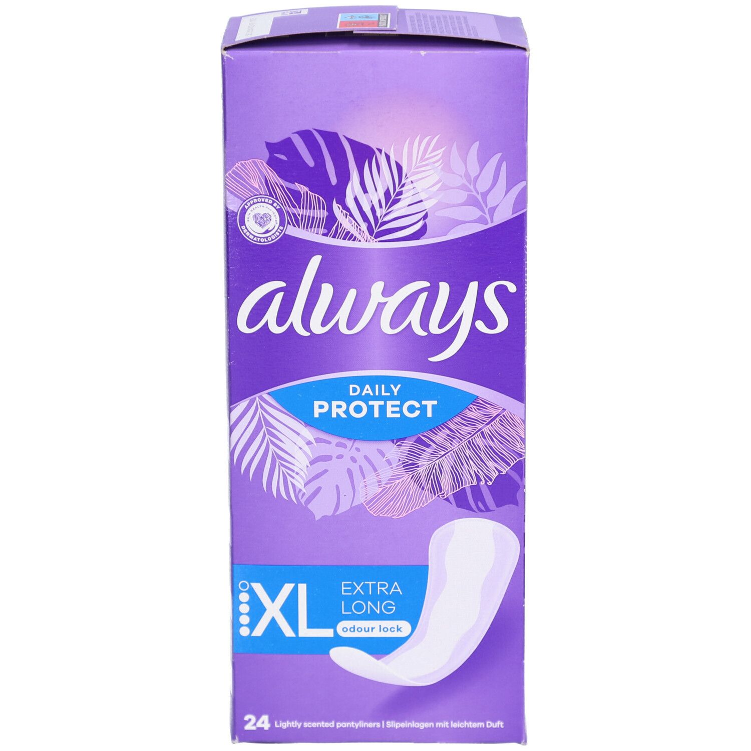 Always Daily Protect Protège-slips XL Extra Long. Lila Verpackung mit Produktabbildung und Text. 24 Stück.