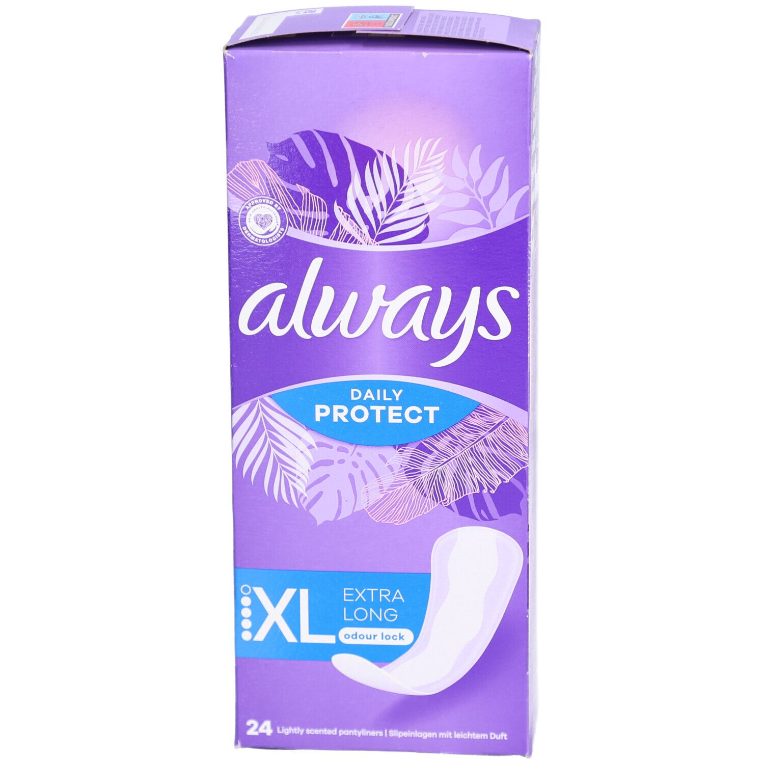 Always Daily Protect Protège-slips XL Extra Long. Lila Verpackung mit Produktabbildung und Text. 24 Stück.