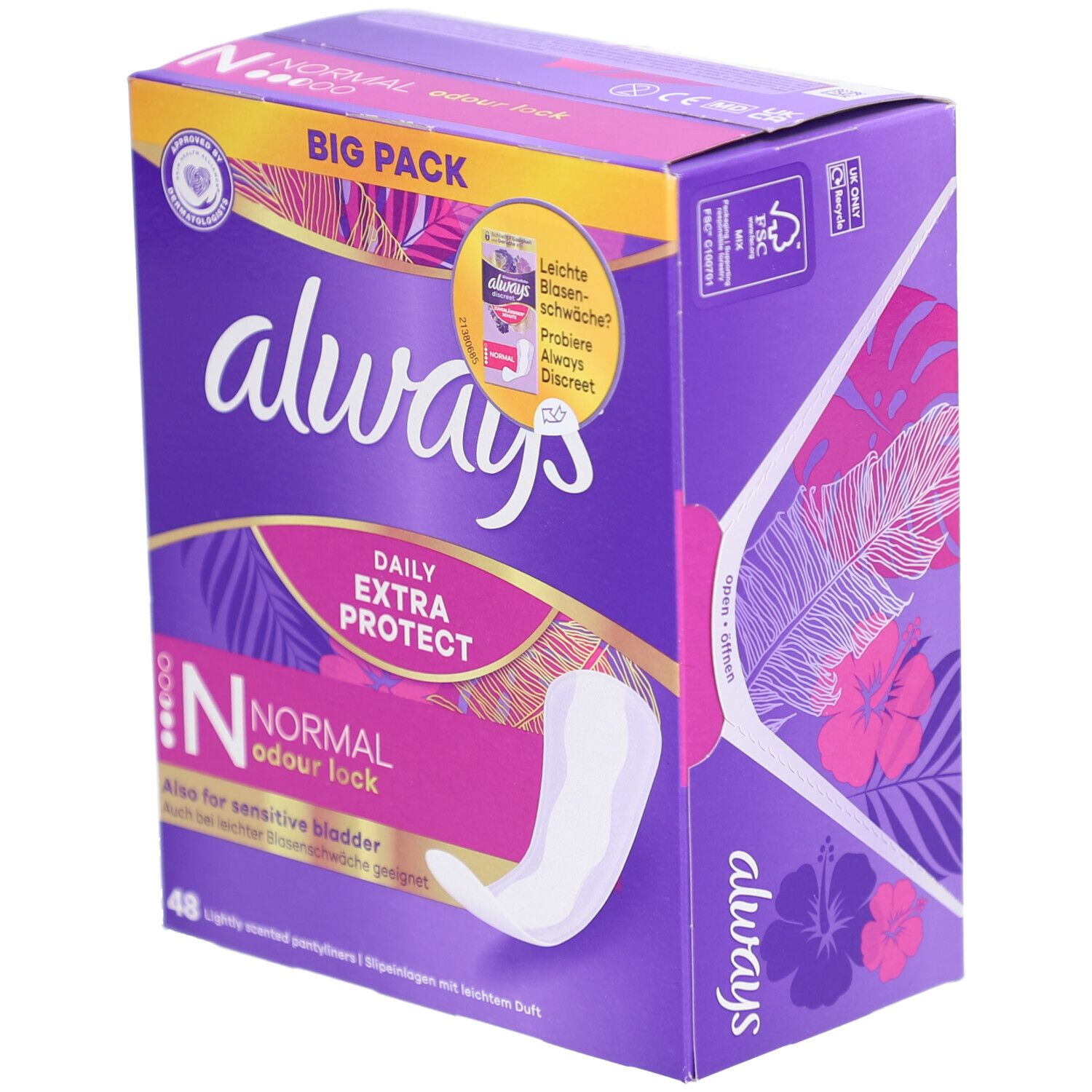 Always Daily Extra Protect Protège-slips Normal Odour Lock. Lila Verpackung mit Produktabbildung. Enthält 48 Stück.