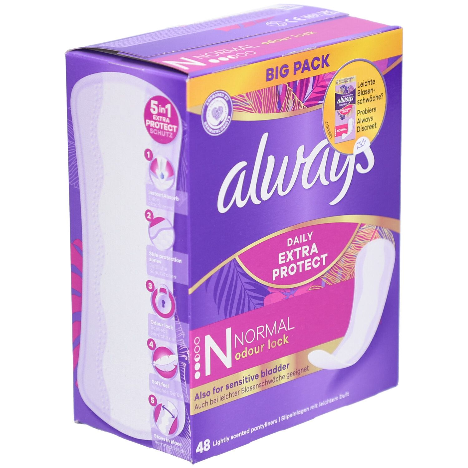 Always Daily Extra Protect Protège-slips Normal Odour Lock. Lila Verpackung mit Produktabbildung. Enthält 48 Stück.