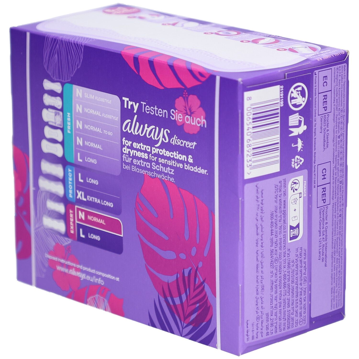 Always Daily Extra Protect Protège-slips Normal Odour Lock. Lila Verpackung mit Produktinformationen. Verschiedene Größen.