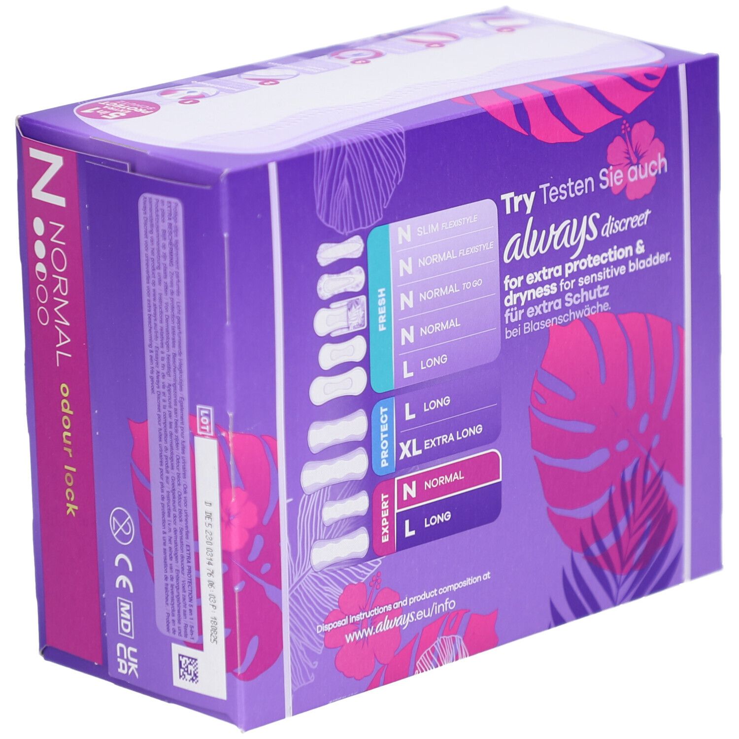 Always Daily Extra Protect Protège-slips Normal Odour Lock. Lila Verpackung mit Produktinformationen. Verschiedene Größen.