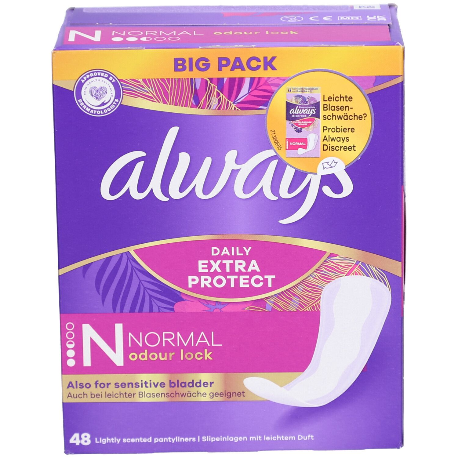 Always Daily Extra Protect Protège-slips Normal Odour Lock. Lila Verpackung mit Produktabbildung. Enthält 48 Stück.