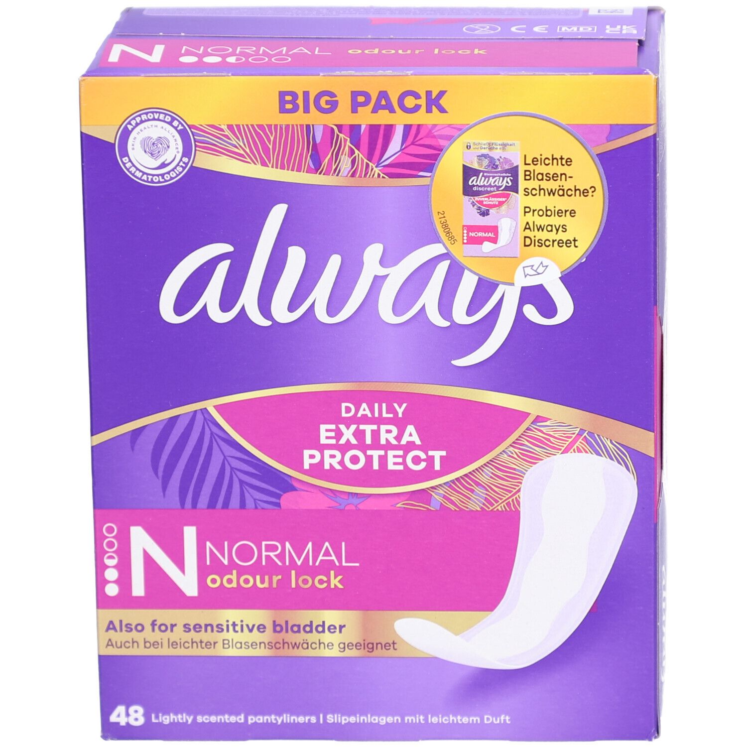 Always Daily Extra Protect Protège-slips Normal Odour Lock. Lila Verpackung mit Produktabbildung. Enthält 48 Stück.